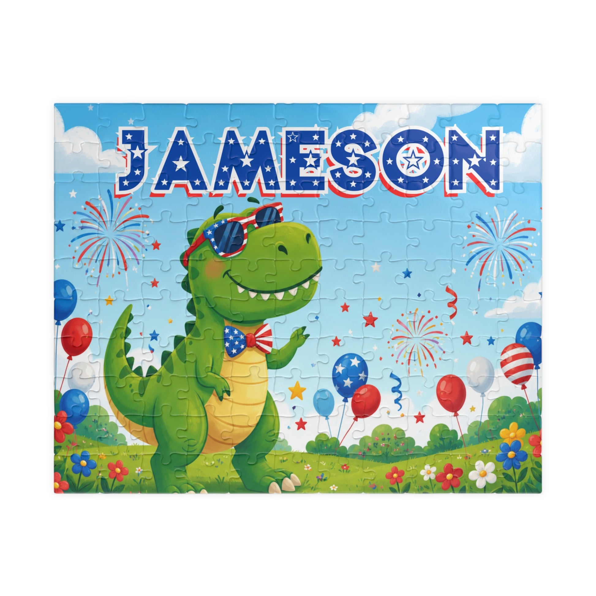 Personalized patriotic dinosaur puzzle featuring a custom name, fireworks, balloons, and a smiling dinosaur wearing patriotic sunglasses in a festive Independence Day scene.