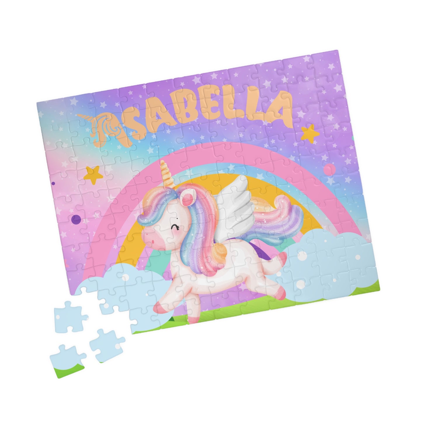 Close-up of 110-piece unicorn jigsaw pieces showing pastel rainbow colors and whimsical design