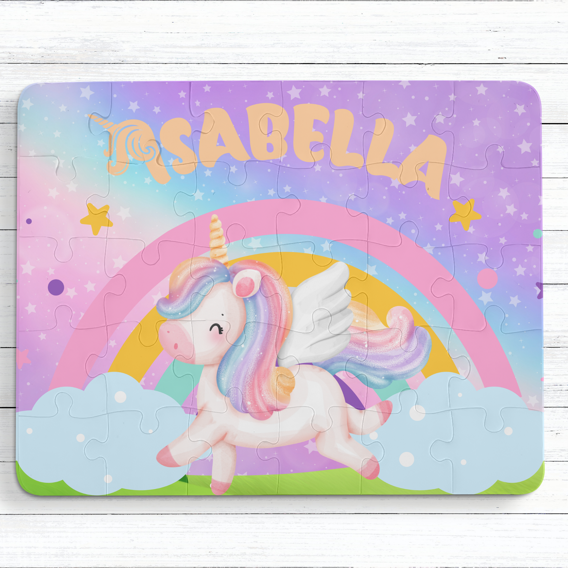 Personalized Unicorn 30-Piece Puzzle – Custom Name Jigsaw with Sparkly Rainbow Background Affordable ABA Materials