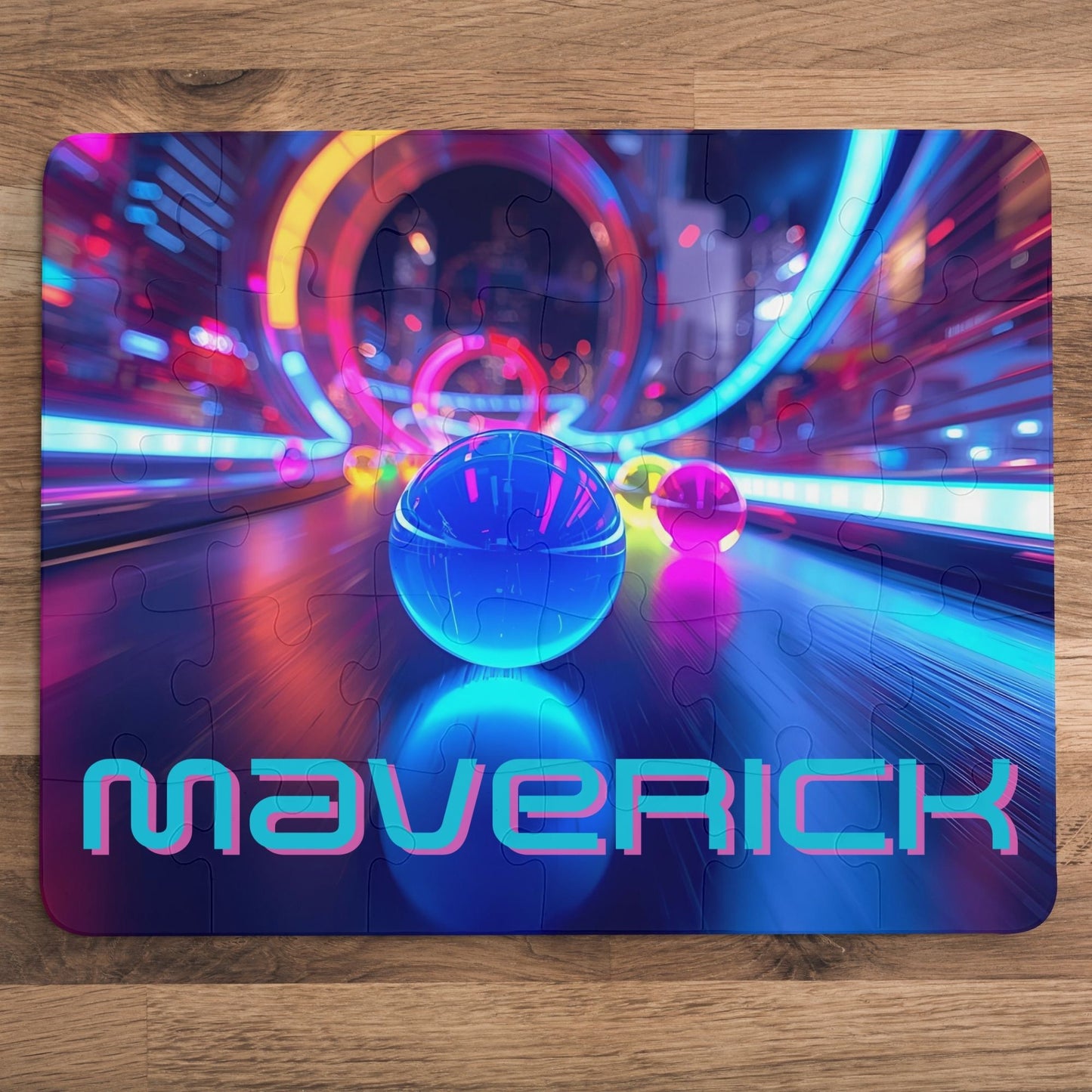 Personalized neon marble race 30-piece jigsaw puzzle featuring vibrant neon tunnels and racing marbles. The custom name is printed across the bottom of the puzzle and shown in option 3. Designed with large pieces for children