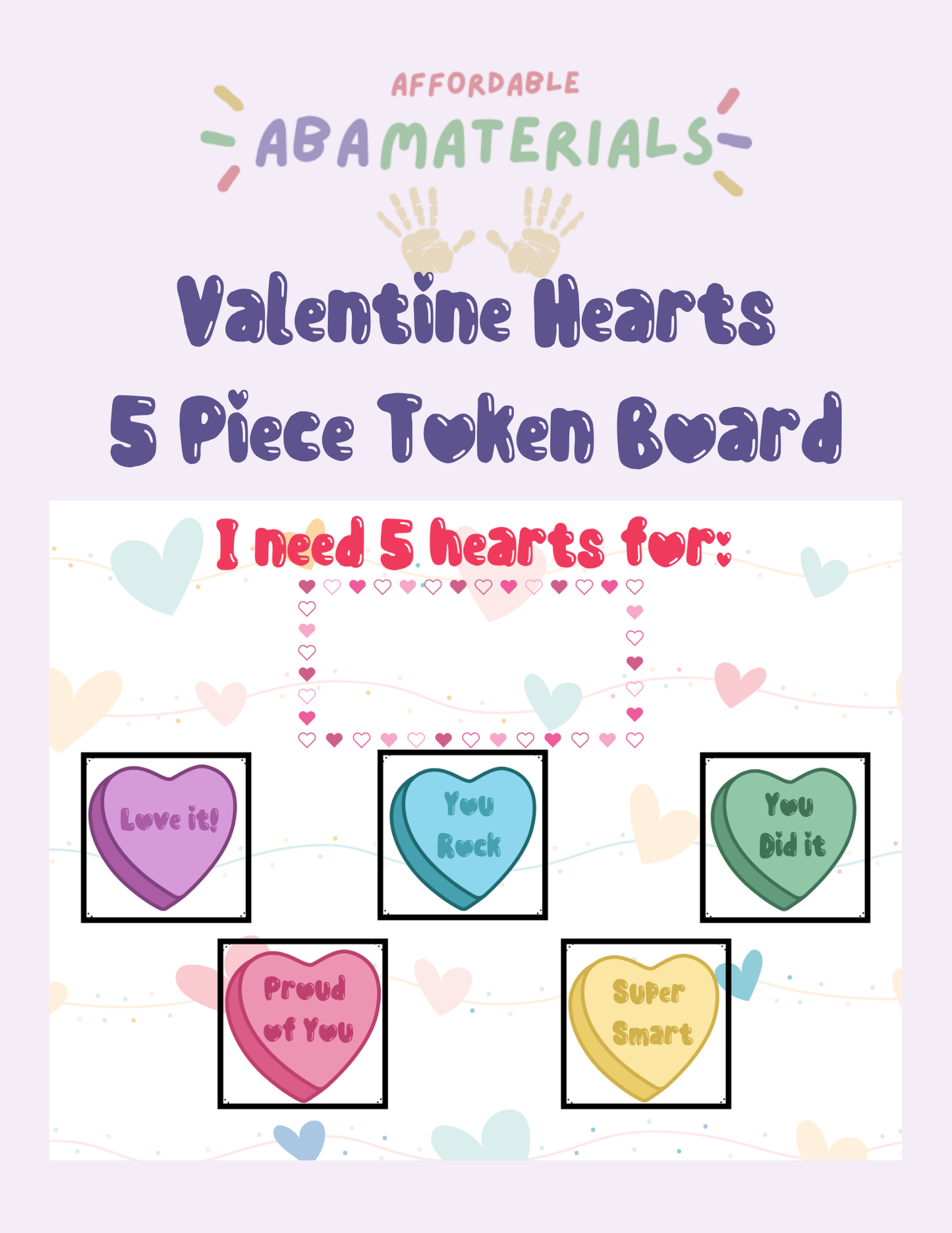 Valentine Hearts Printable Token Board (5-Token Design) Affordable ABA Materials