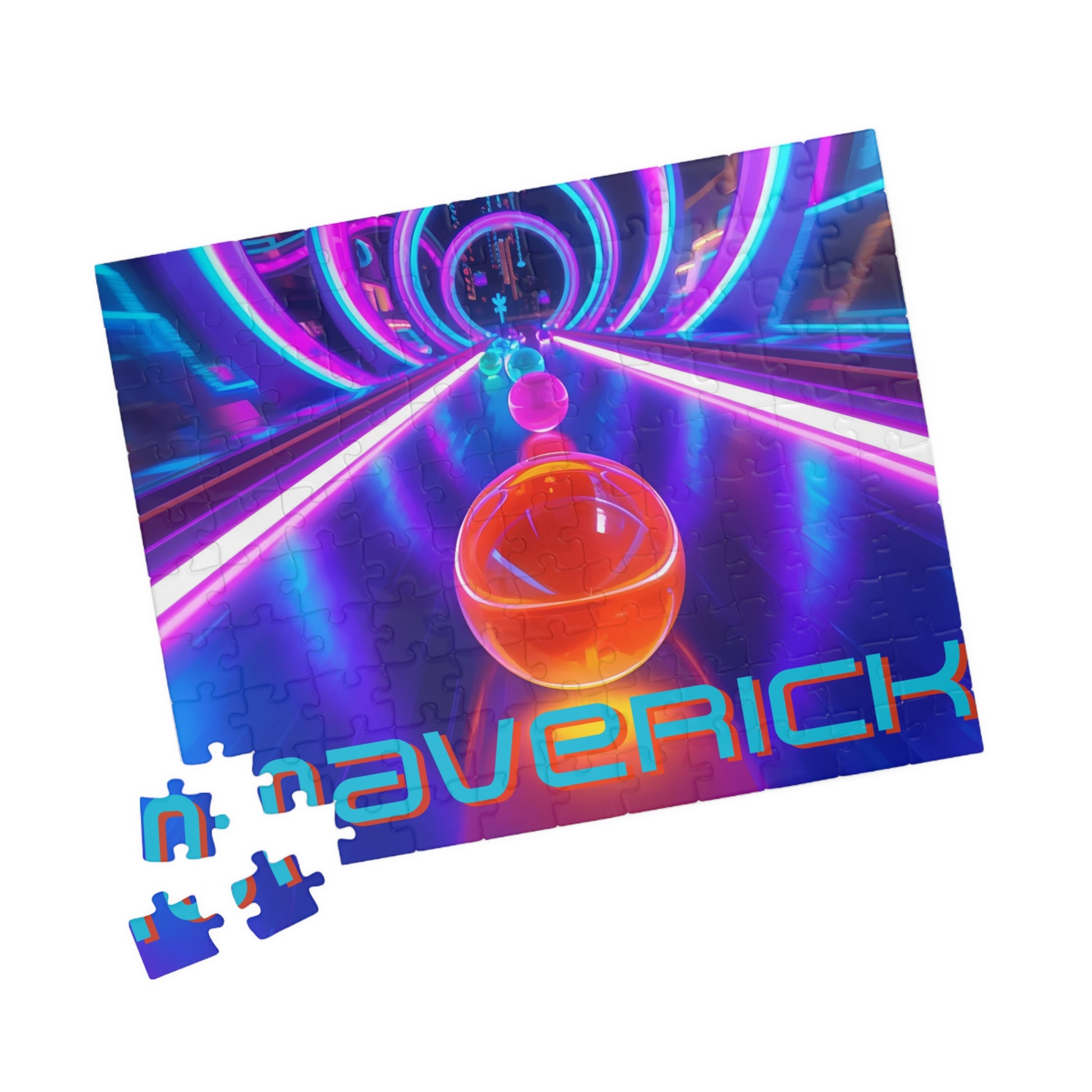 Angled view of a personalized neon marble race jigsaw puzzle with vibrant neon colors and rolling marbles. The customizable name is displayed within the artwork for a bold, modern look.