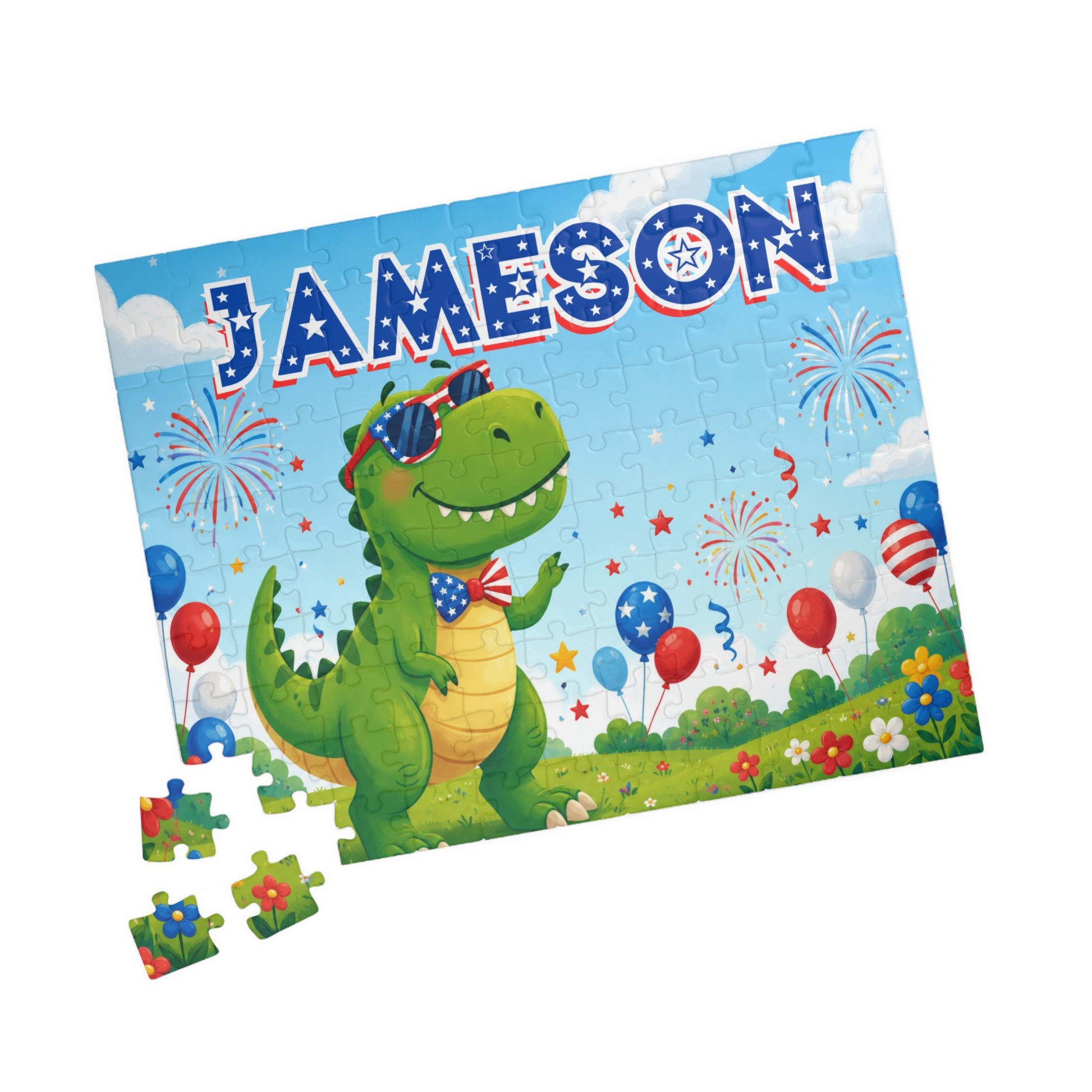 Completed 110-piece dinosaur puzzle featuring a custom name, patriotic fireworks, balloons, and a festive dinosaur celebrating Independence Day.