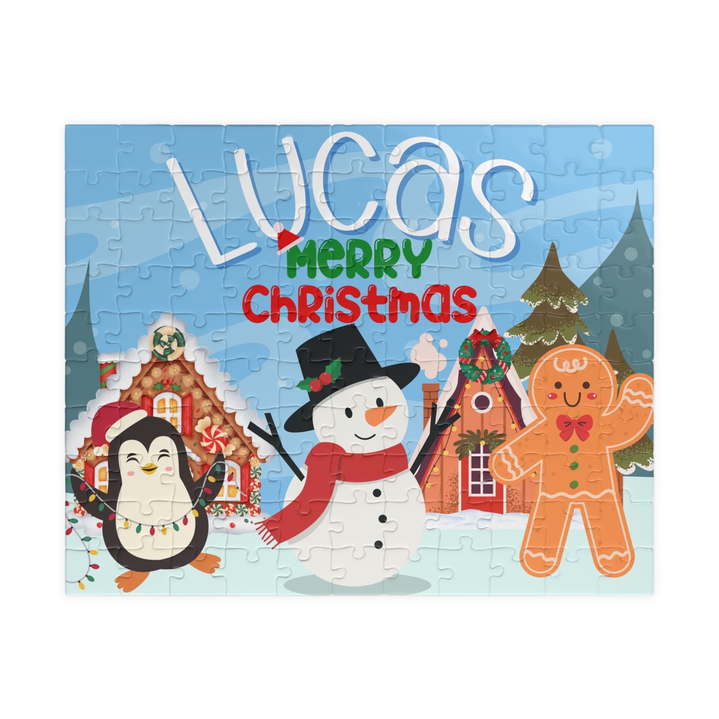 Personalized 110-piece Christmas puzzle featuring a custom name with a smiling snowman, penguin, gingerbread cookie, and festive holiday village.