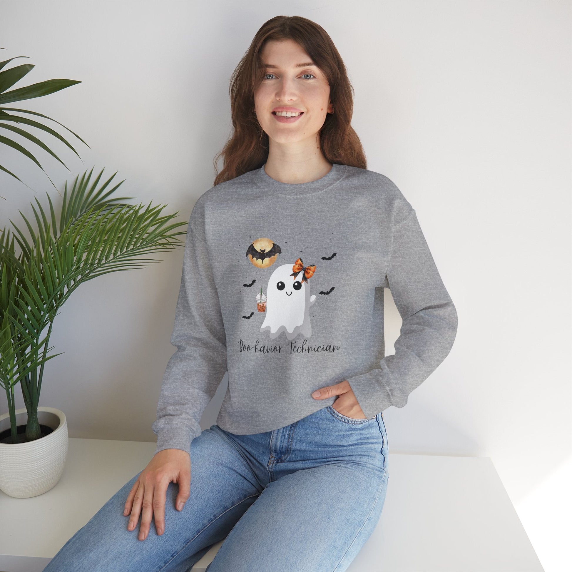 Halloween Behavior Technician Sweater-Cute Ghost Design "Boo-havior Technician" Sweatshirt Printify