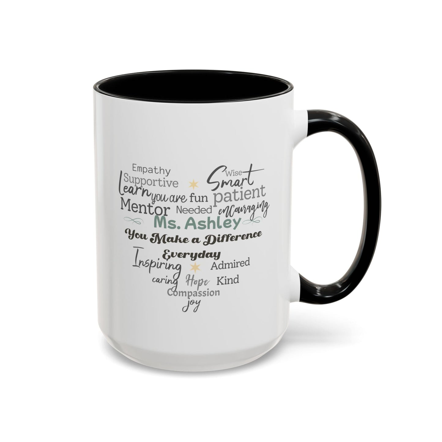 Personalized Heart Word Cloud Accent Mug – Custom Name Gift for Teachers, Therapists & Mentors, Black Handle, 11oz & 15oz Printify