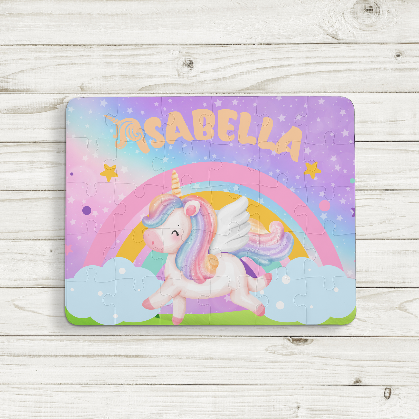 Personalized Unicorn and Rainbow 30 Piece Jigsaw puzzle. Placed on a purple, blue, and pink sparkly background this puzzle is perfect for children. 