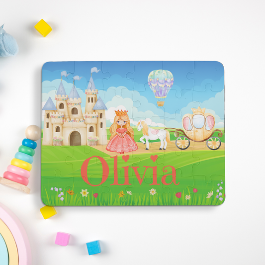 Personalized Princess Castle themed puzzle. Showcases a beautiful castle with a princes and horse with carriage. This is a 30-piece puzzle and it has your own name on it.
