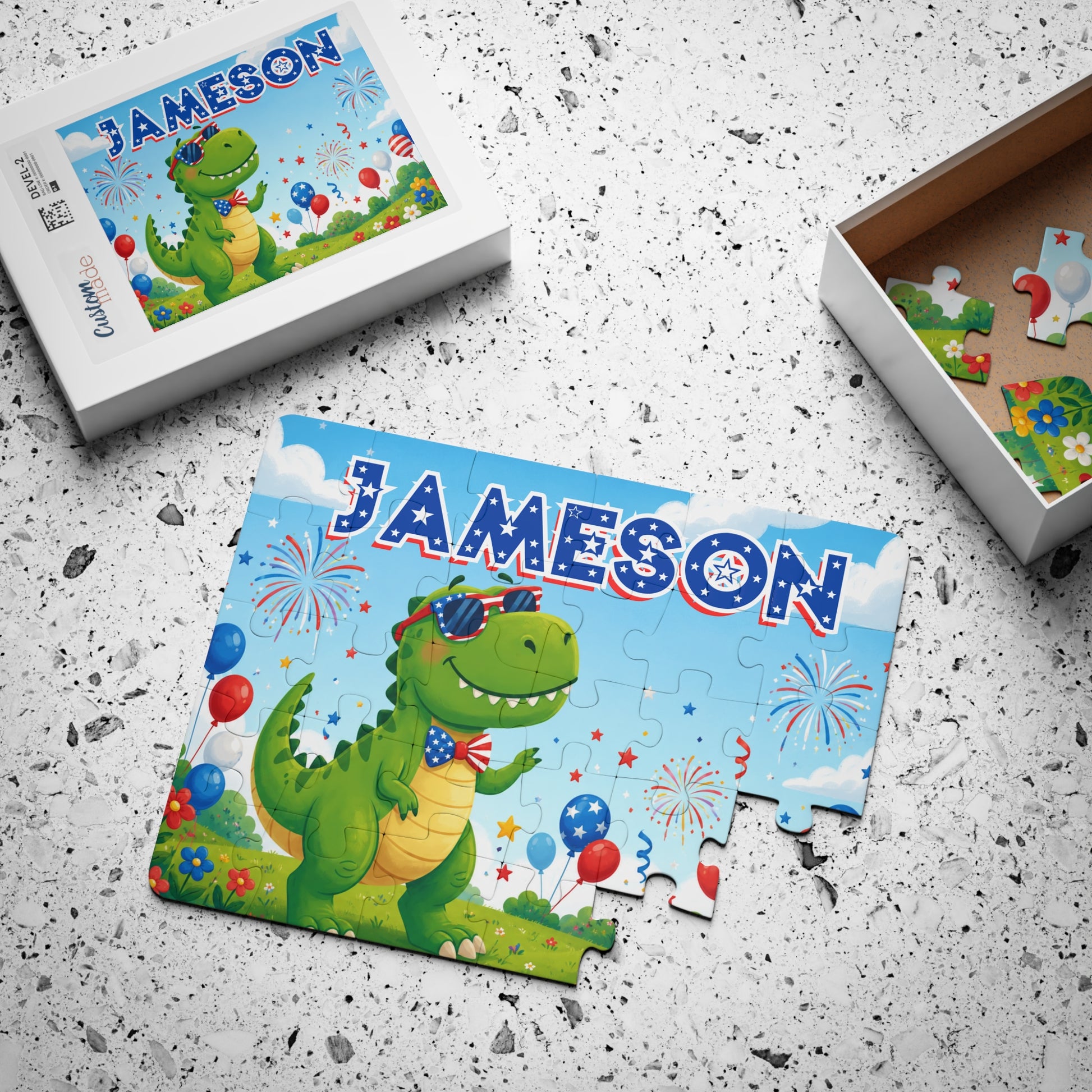 Close-up puzzle piece from personalized patriotic dinosaur puzzle showing festive red, white, and blue balloons and colorful Independence Day details.