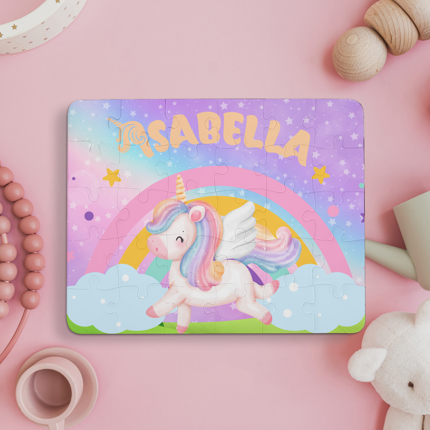 Personalized Unicorn 30-Piece Puzzle – Custom Name Jigsaw with Sparkly Rainbow Background Printify