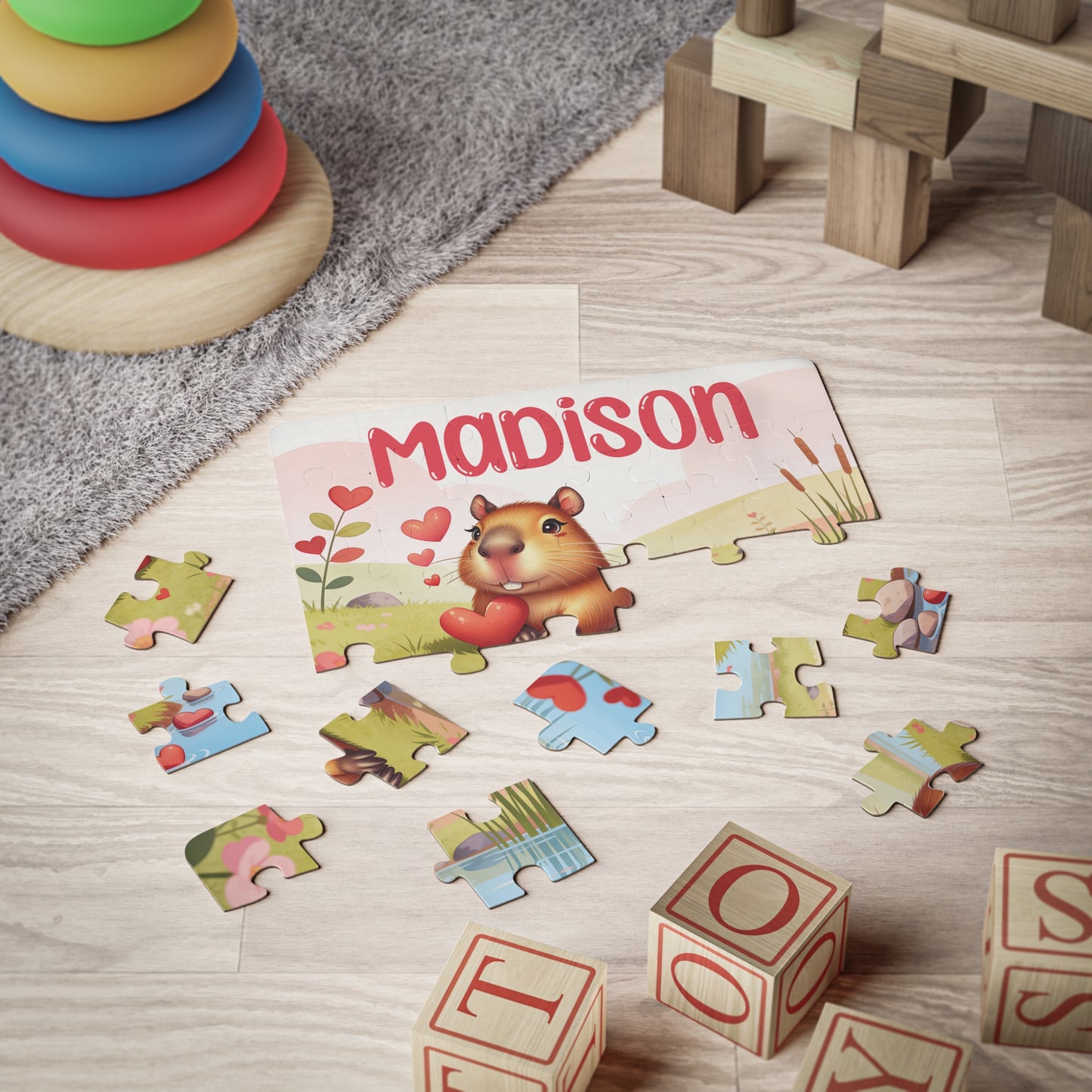 Personalized Capybara Name Puzzle for Kids – Cute Heart Animal Puzzle (30 Pieces)