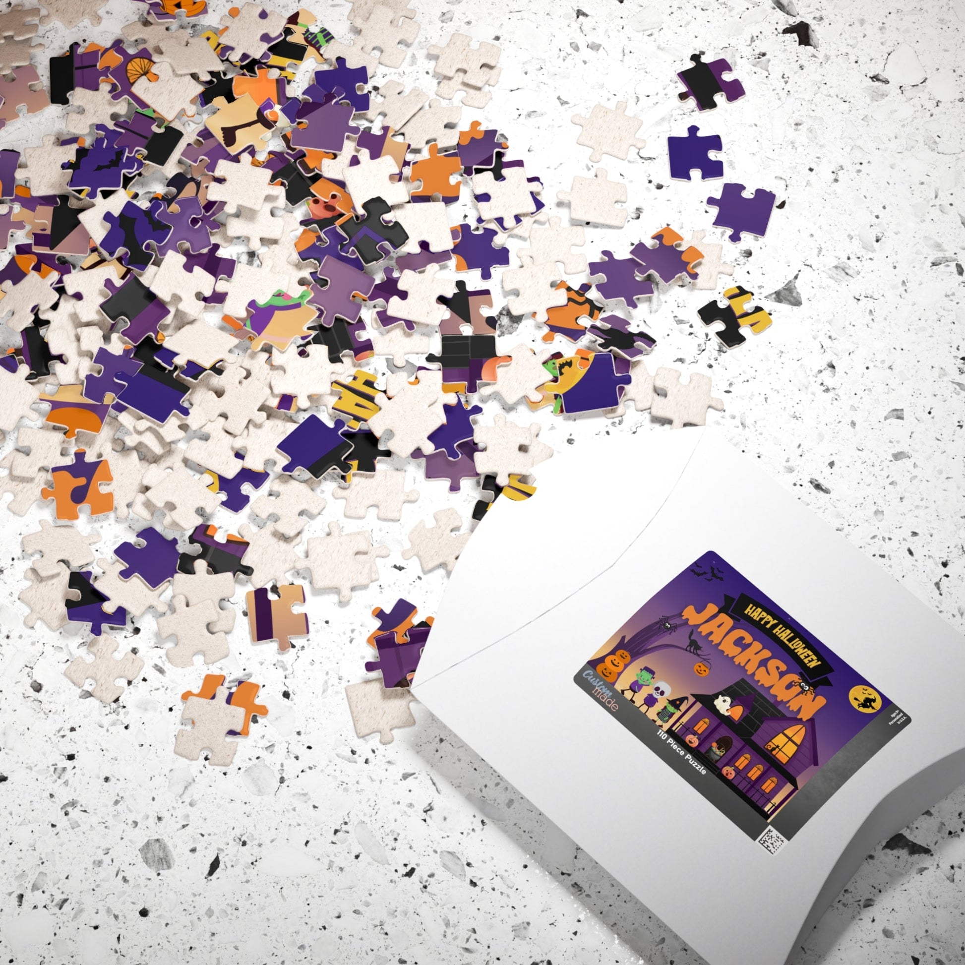 Personalized Halloween Kids Puzzle – 110-Piece Custom Jigsaw with Spooky Haunted House & Trick-or-Treaters Affordable ABA Materials