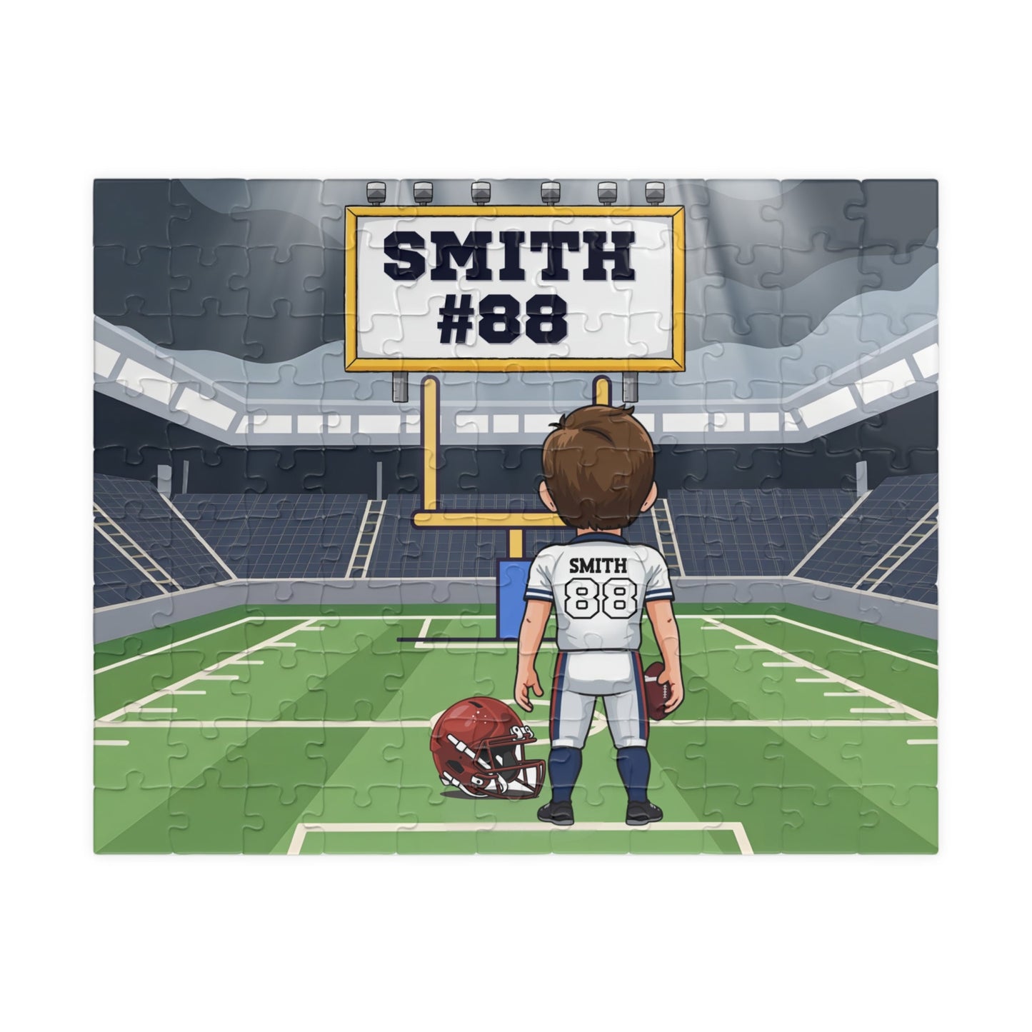 Personalized Boys Football Stadium Puzzle – Custom Name & Jersey Number (110 Pieces) Printify