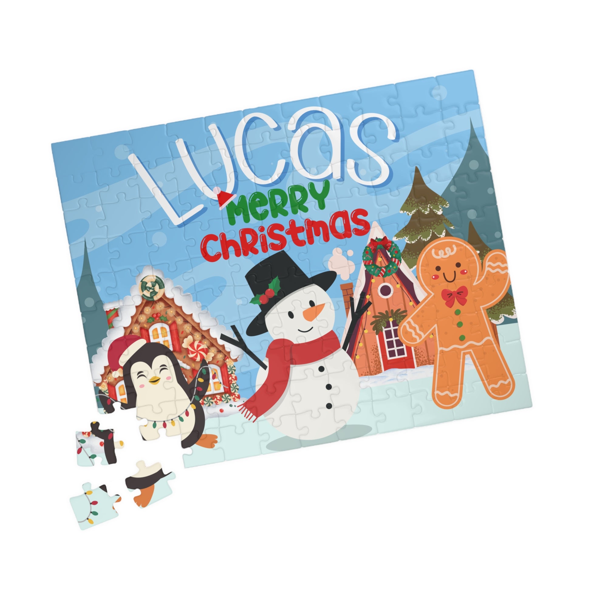 Angled view of a personalized Christmas puzzle with a custom name, winter characters, and several loose puzzle pieces beside the completed puzzle.