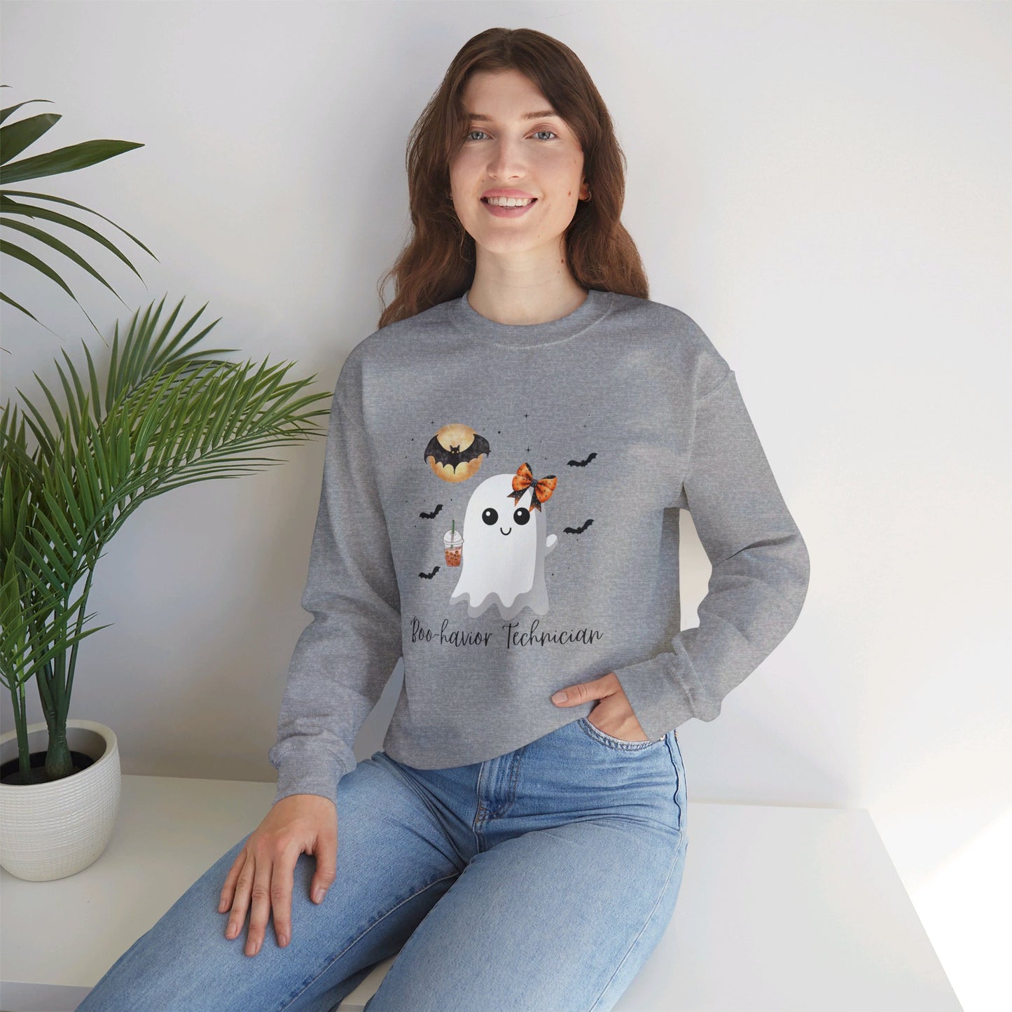 Halloween Behavior Technician Sweater-Cute Ghost Design "Boo-havior Technician" Sweatshirt Printify