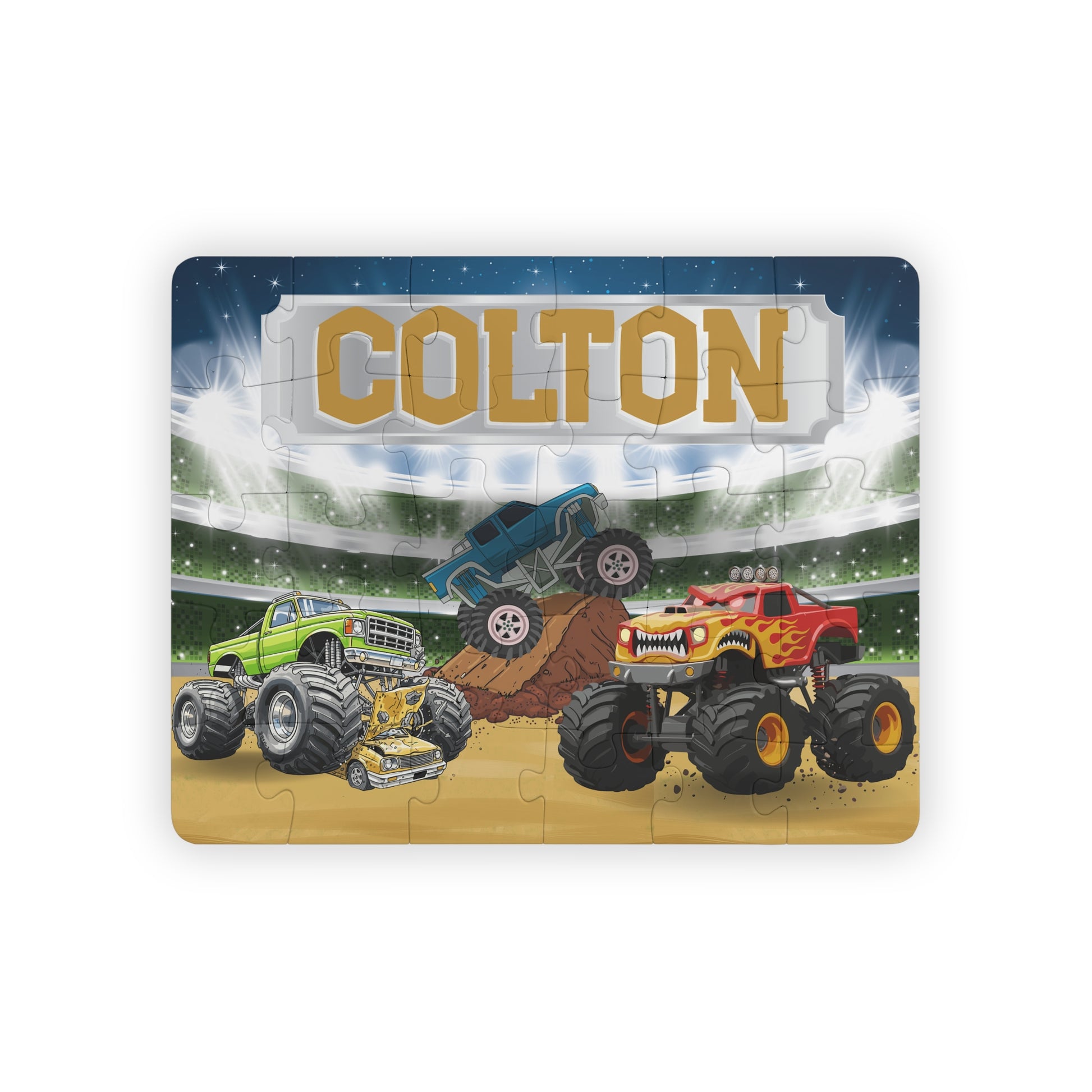 Personalized monster truck puzzle with customizable name displayed across the top, featuring a colorful stadium scene and larger pieces designed for small hands.