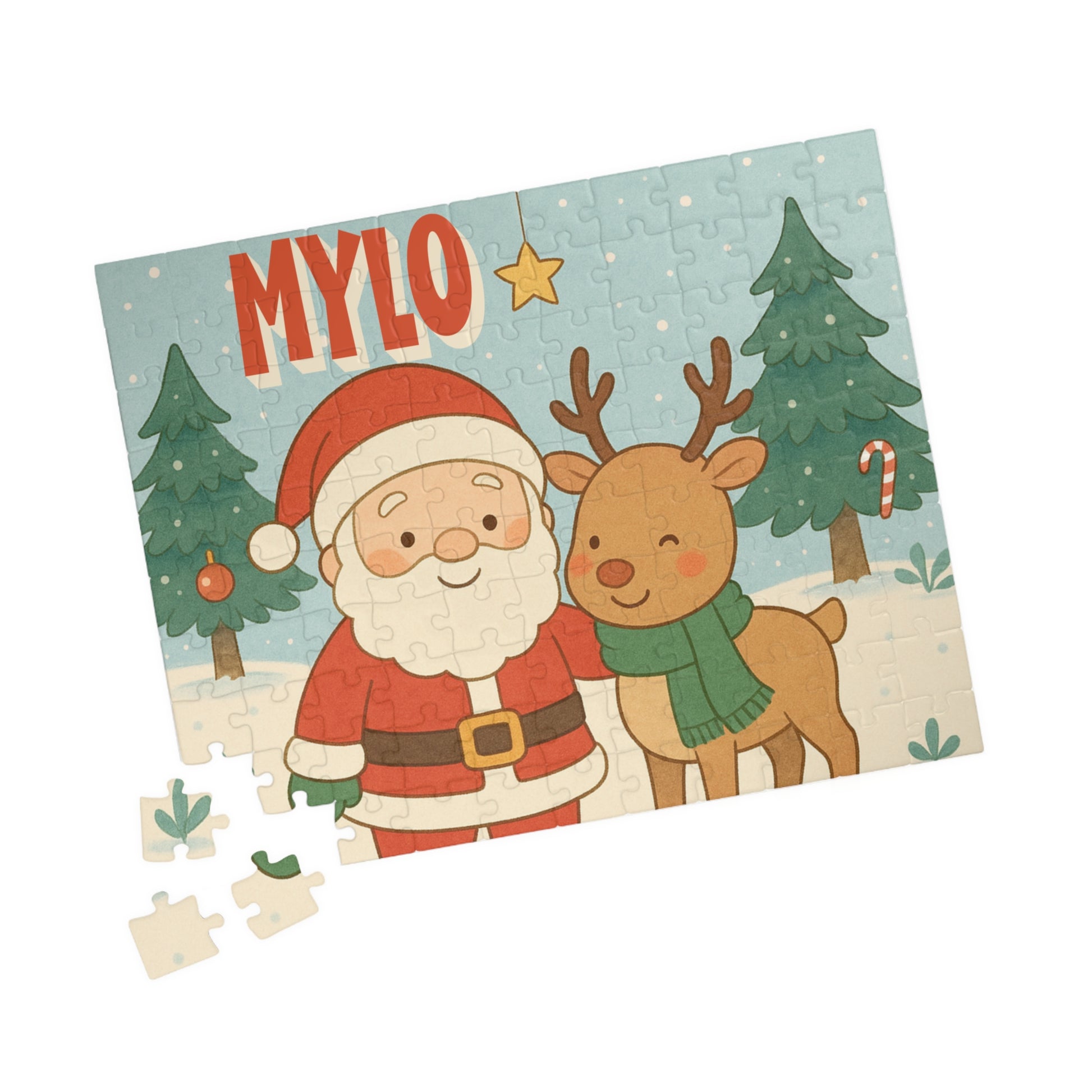 Angled view of a personalized Santa and reindeer Christmas puzzle with a custom name and loose puzzle pieces beside the completed design.