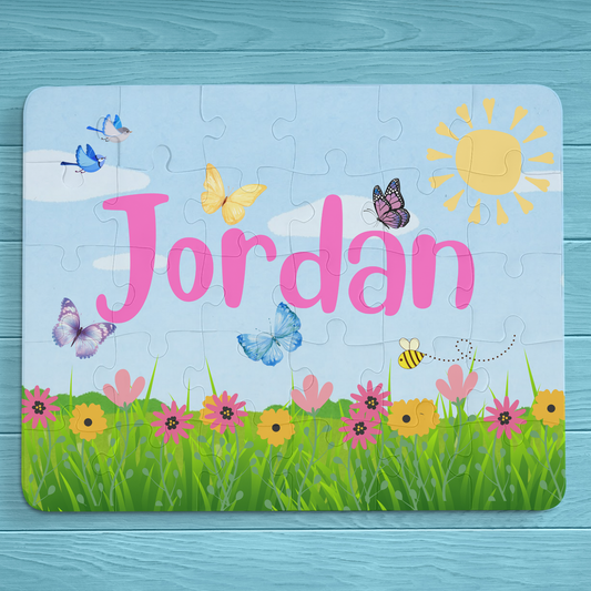Personalized 30-Piece Kids Puzzle – Flowers, Butterflies, Birds & Bees on a Sunny Day Printify