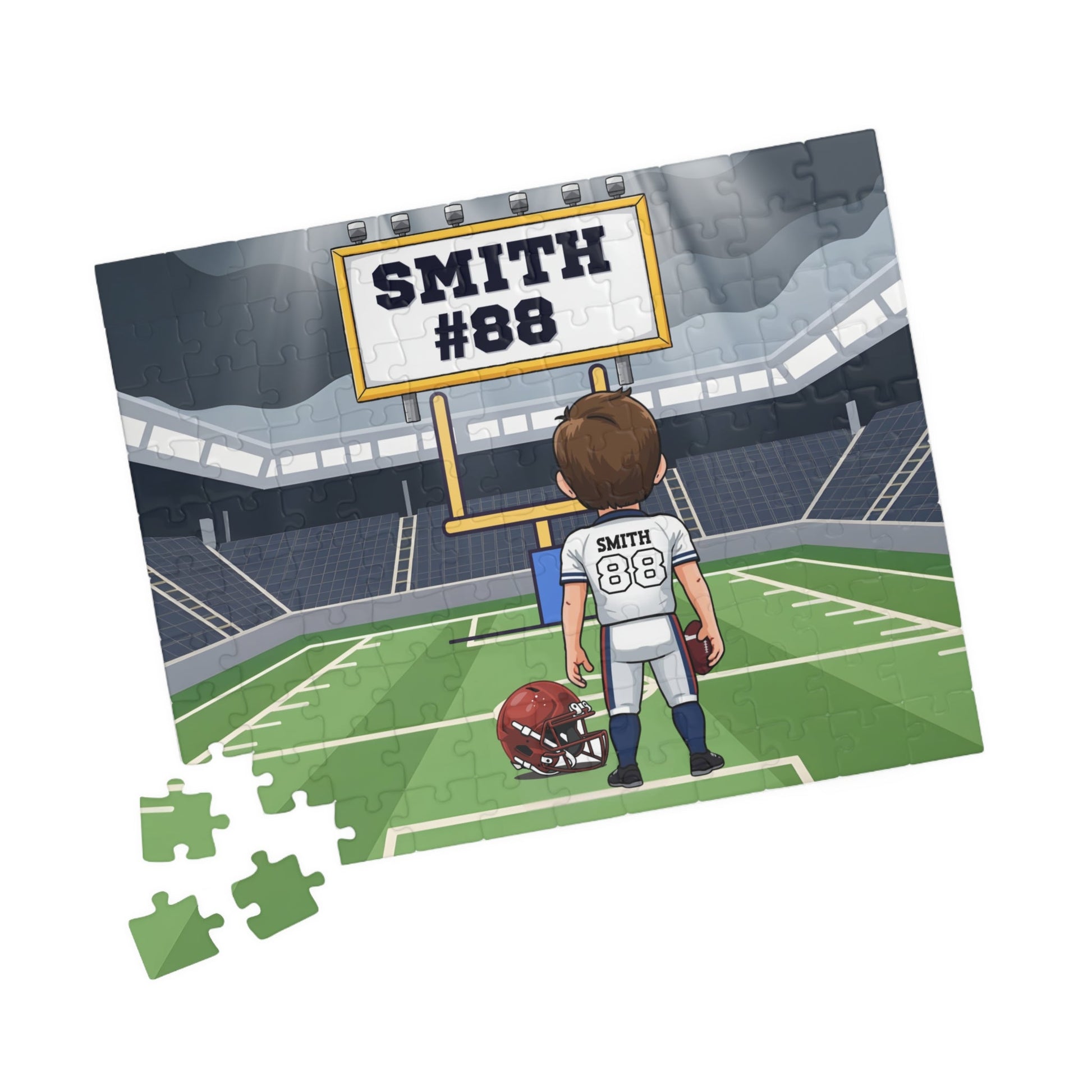 Personalized Boys Football Stadium Puzzle – Custom Name & Jersey Number (110 Pieces) Printify