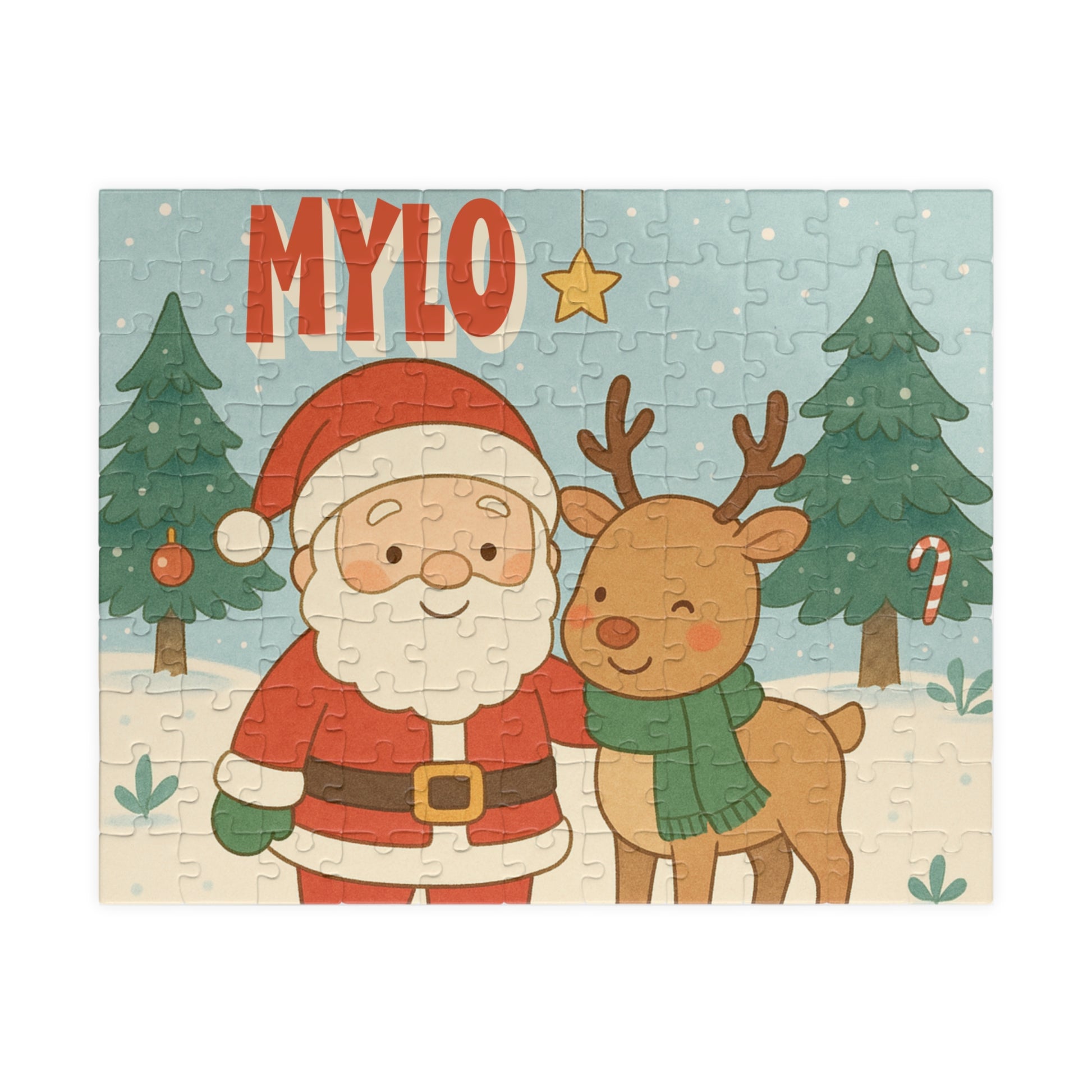 Personalized 110-piece Christmas puzzle featuring a custom name with Santa and a smiling reindeer in a snowy winter scene.