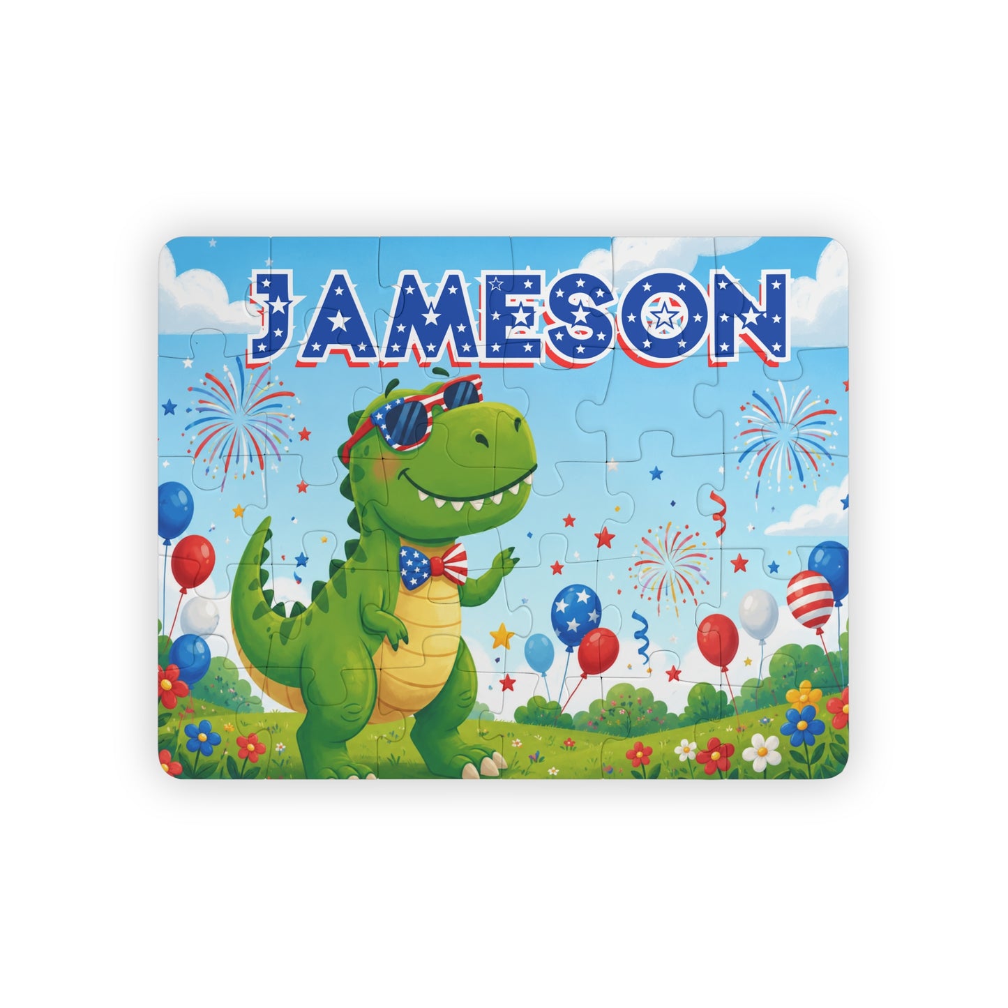Personalized patriotic dinosaur puzzle featuring a custom name, festive fireworks, balloons, and a smiling dinosaur with patriotic sunglasses and larger puzzle pieces.