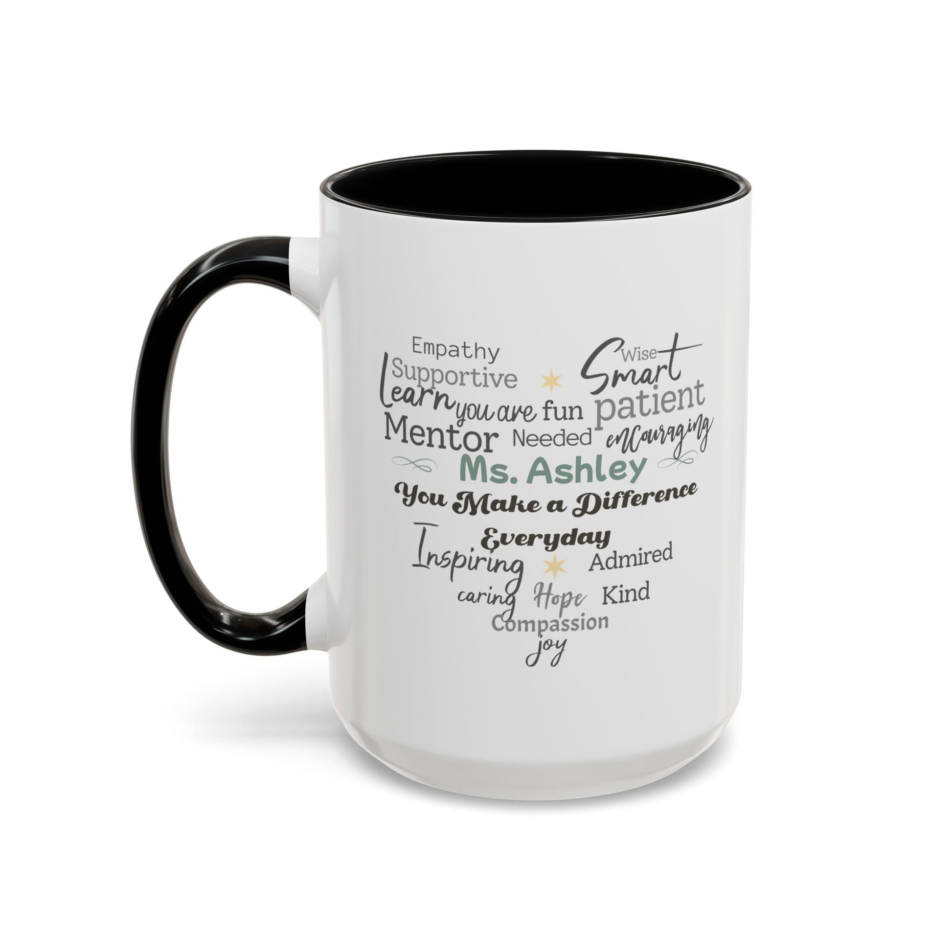 Personalized Heart Word Cloud Accent Mug – Custom Name Gift for Teachers, Therapists & Mentors, Black Handle, 11oz & 15oz Printify