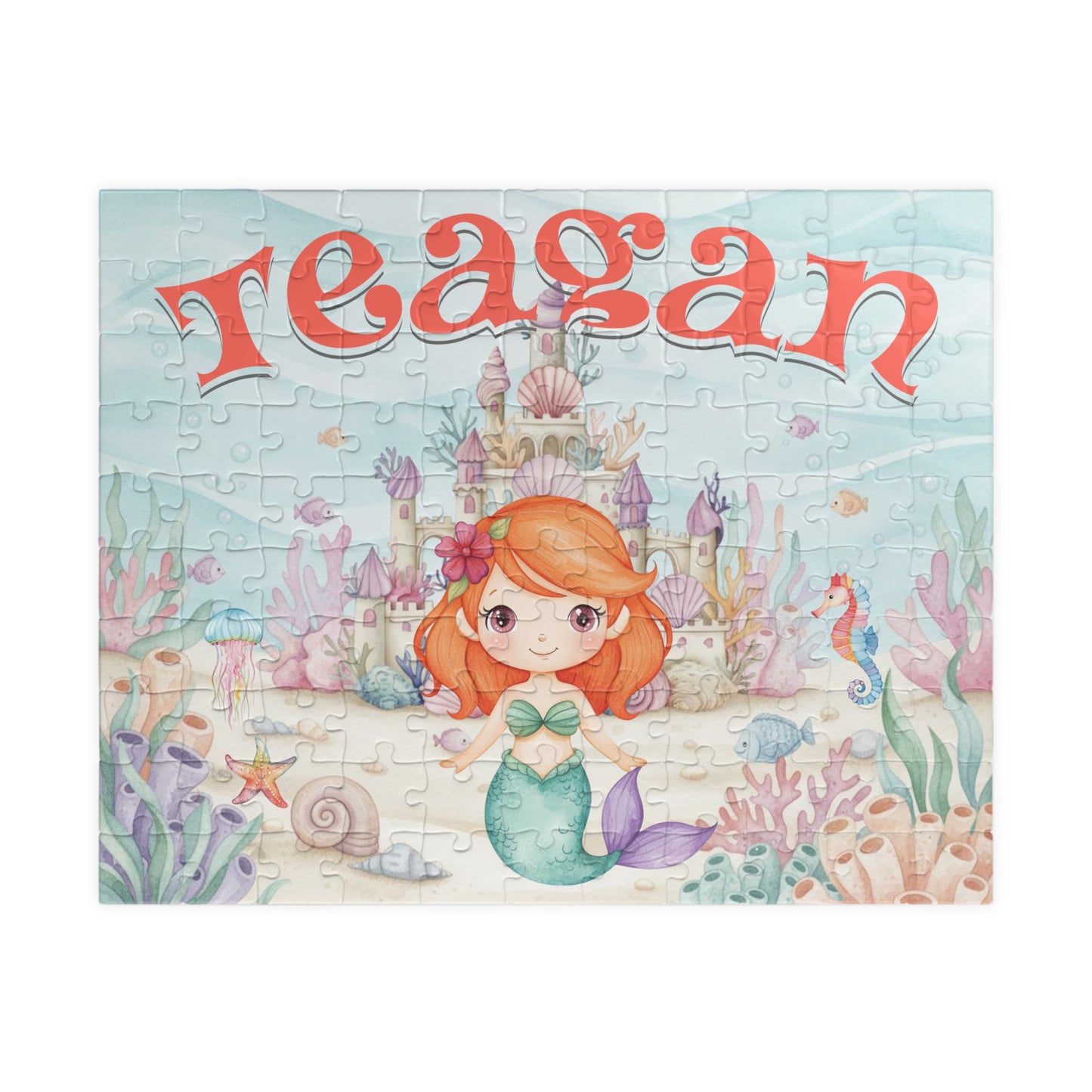 Completed personalized mermaid puzzle featuring an underwater ocean scene with a mermaid, coral, seashells, seahorse, fish, castle, and a customizable child’s name displayed prominently at the top.