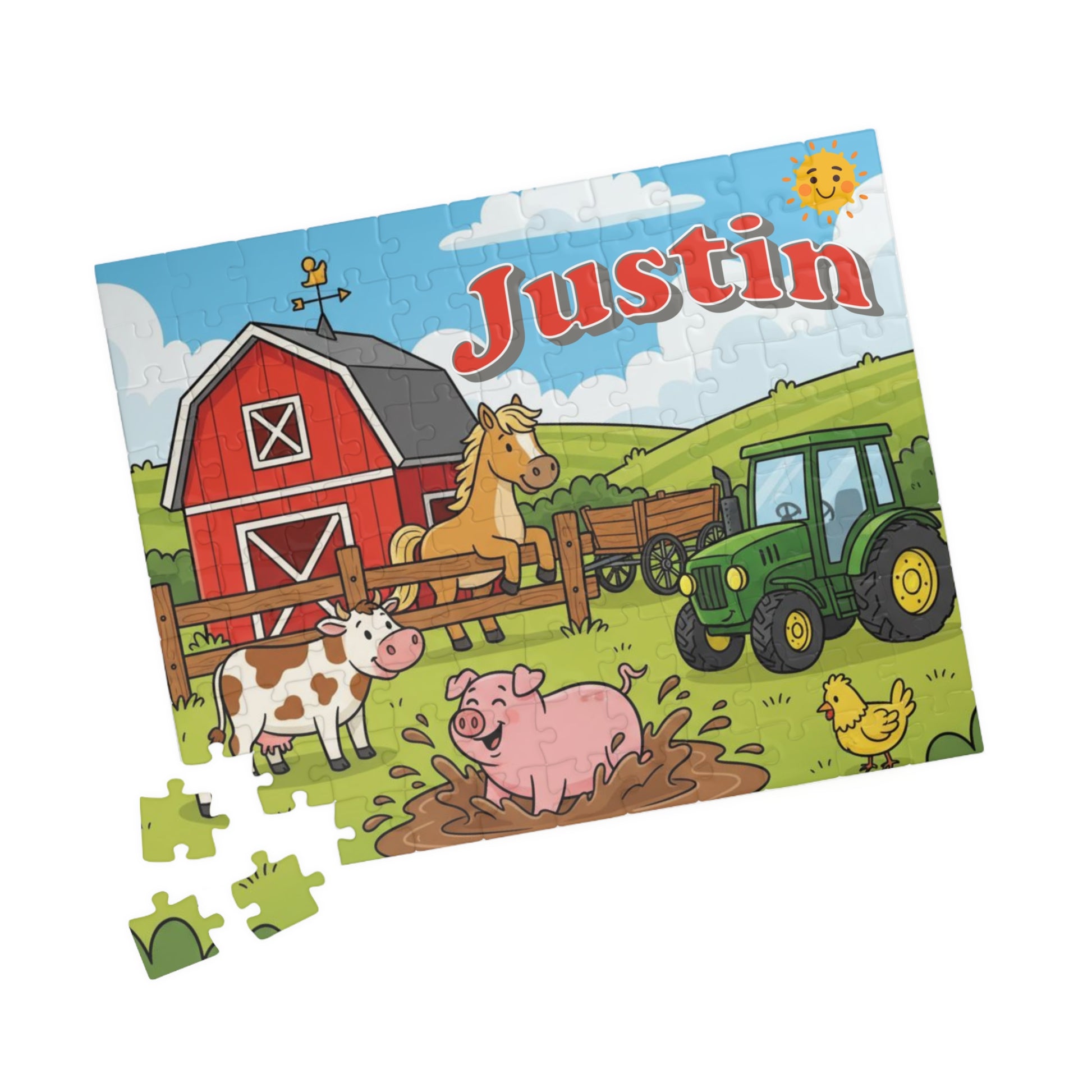Personalized farm animals puzzle showing a red barn, green tractor, pig splashing in mud, cow, horse, and chicken in a sunny farm scene with a customizable child name across the sky.