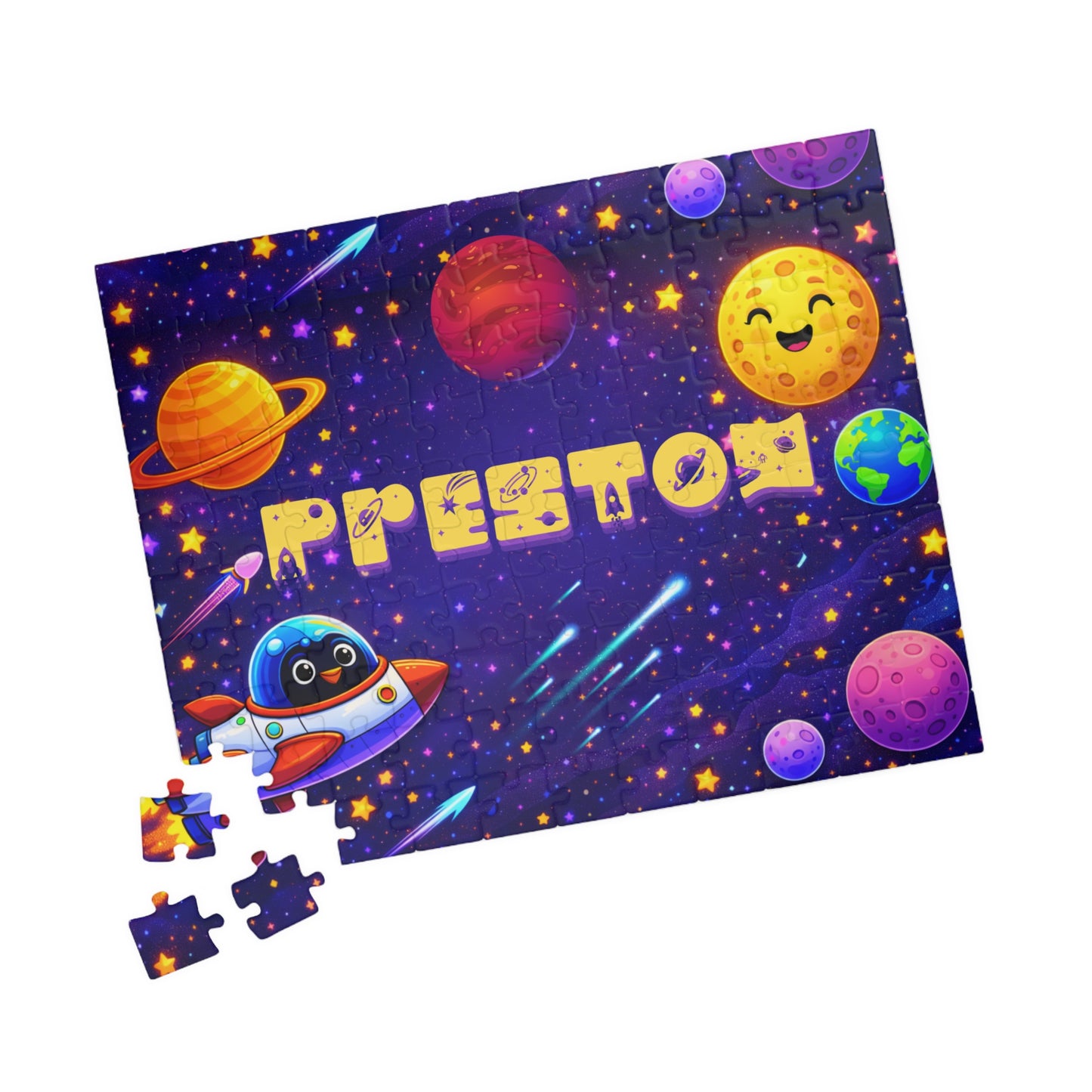 A colorful children's jigsaw puzzle featuring a cartoon outer space design with planets, stars, a smiling moon, a rocket ship. Several loose puzzle pieces are shown below the puzzle on a plain white background.