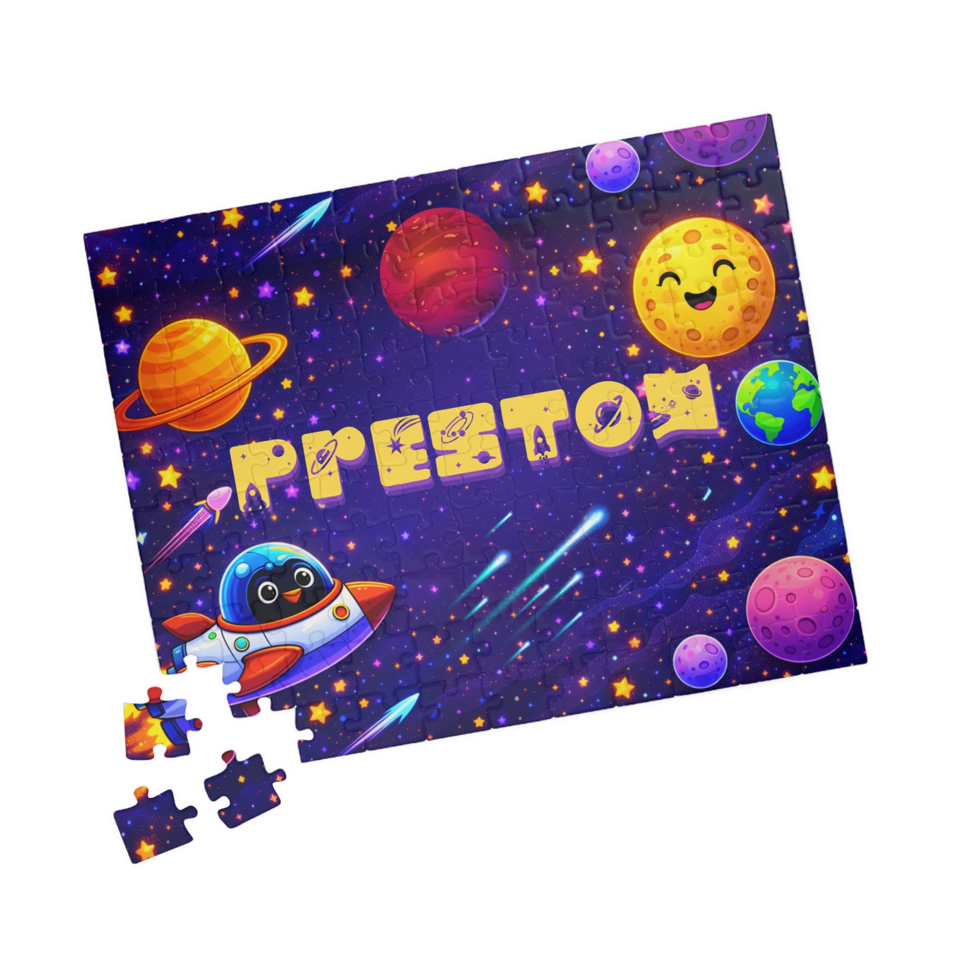 A colorful children's jigsaw puzzle featuring a cartoon outer space design with planets, stars, a smiling moon, a rocket ship. Several loose puzzle pieces are shown below the puzzle on a plain white background.