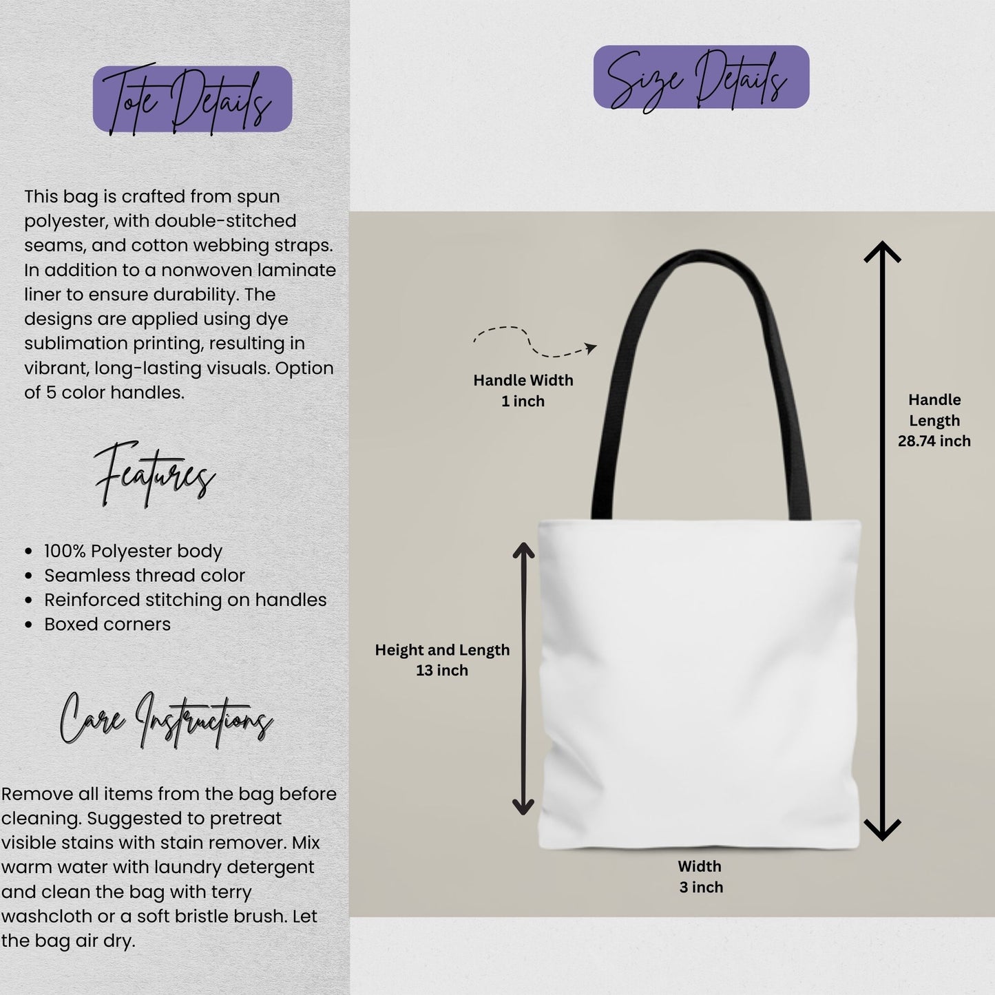 Size and material details graphic for a polyester tote bag showing a 13 x 13 inch body, 3 inch depth, 1 inch wide handles, and 28.74 inch handle length, with notes on reinforced stitching, boxed corners, and care instructions.