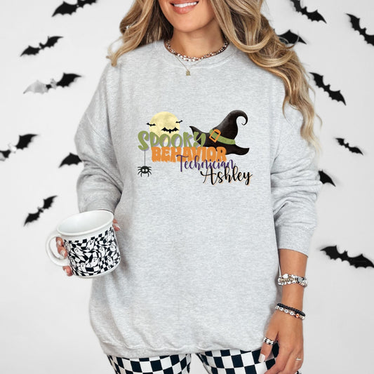 Personalized Spooky Behavior Technician Halloween Sweatshirt – Witch Hat, Moon & Custom Name Unisex Sweatshirt Affordable ABA Materials