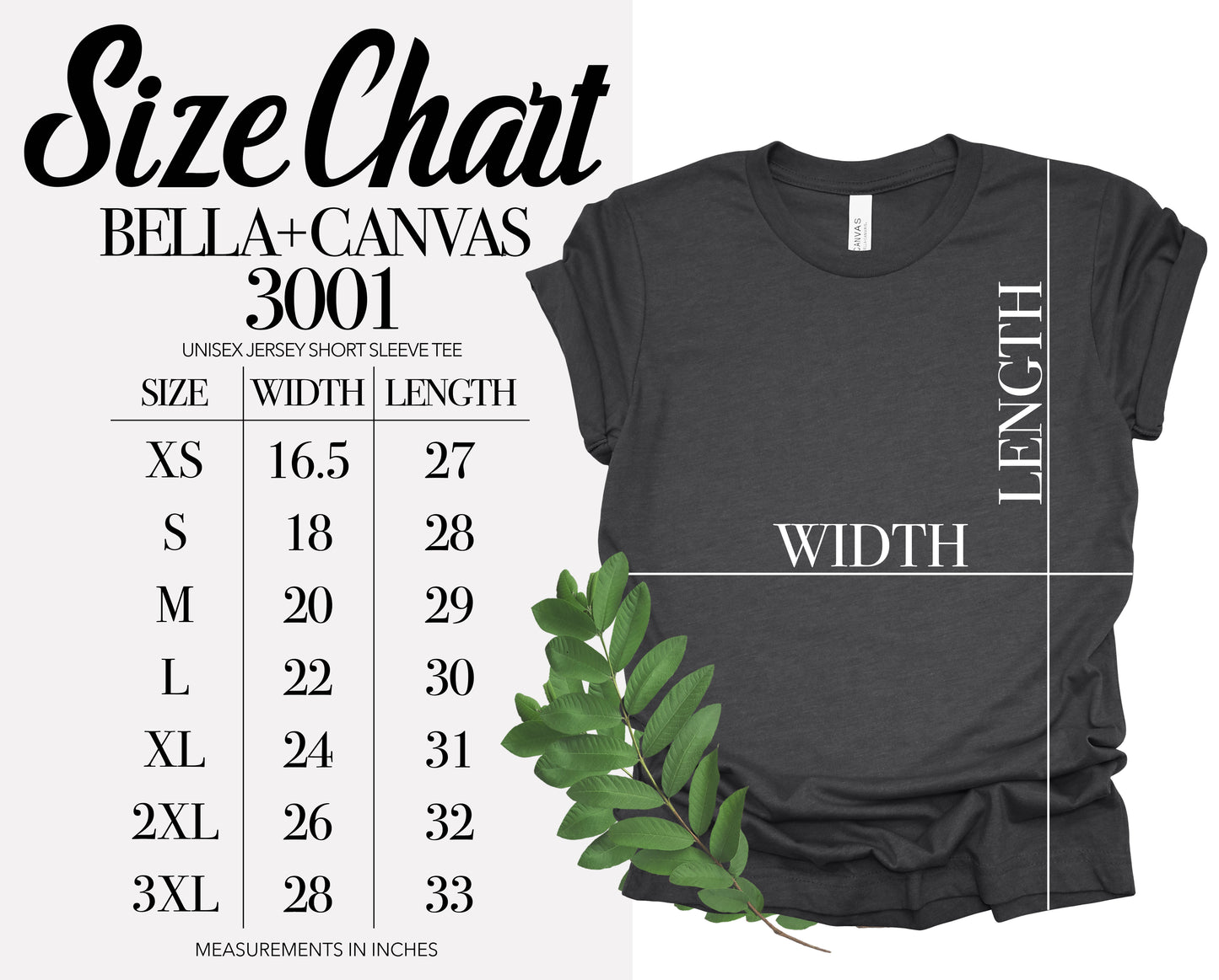Bella + Canvas 3001 unisex short sleeve t-shirt size chart showing width and length measurements in inches for sizes XS through 3XL, alongside a visual example indicating how shirt width and length are measured.