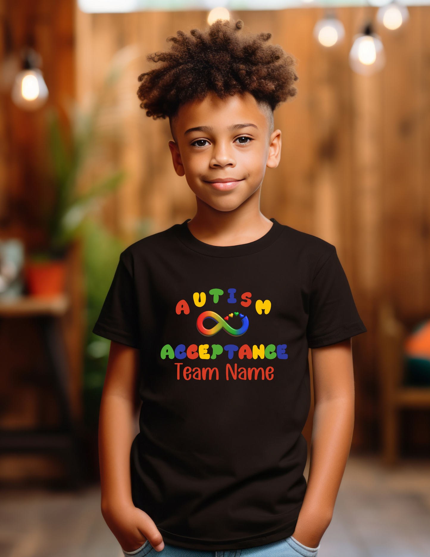 Personalized Autism Acceptance Team Top - Rainbow Infinity Design - Custom Team Name Unisex Youth T-Shirt