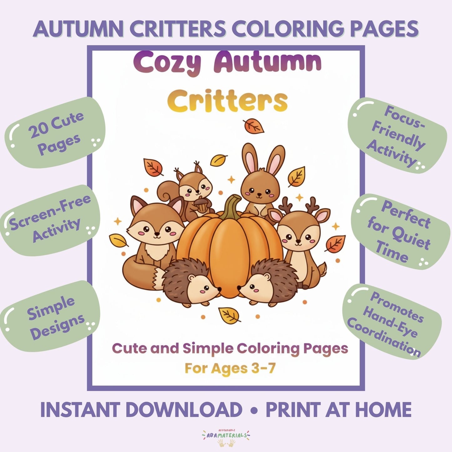 Cozy Autumn Critters Printable Coloring Book 20 Pages (PDF Download) Affordable ABA Materials