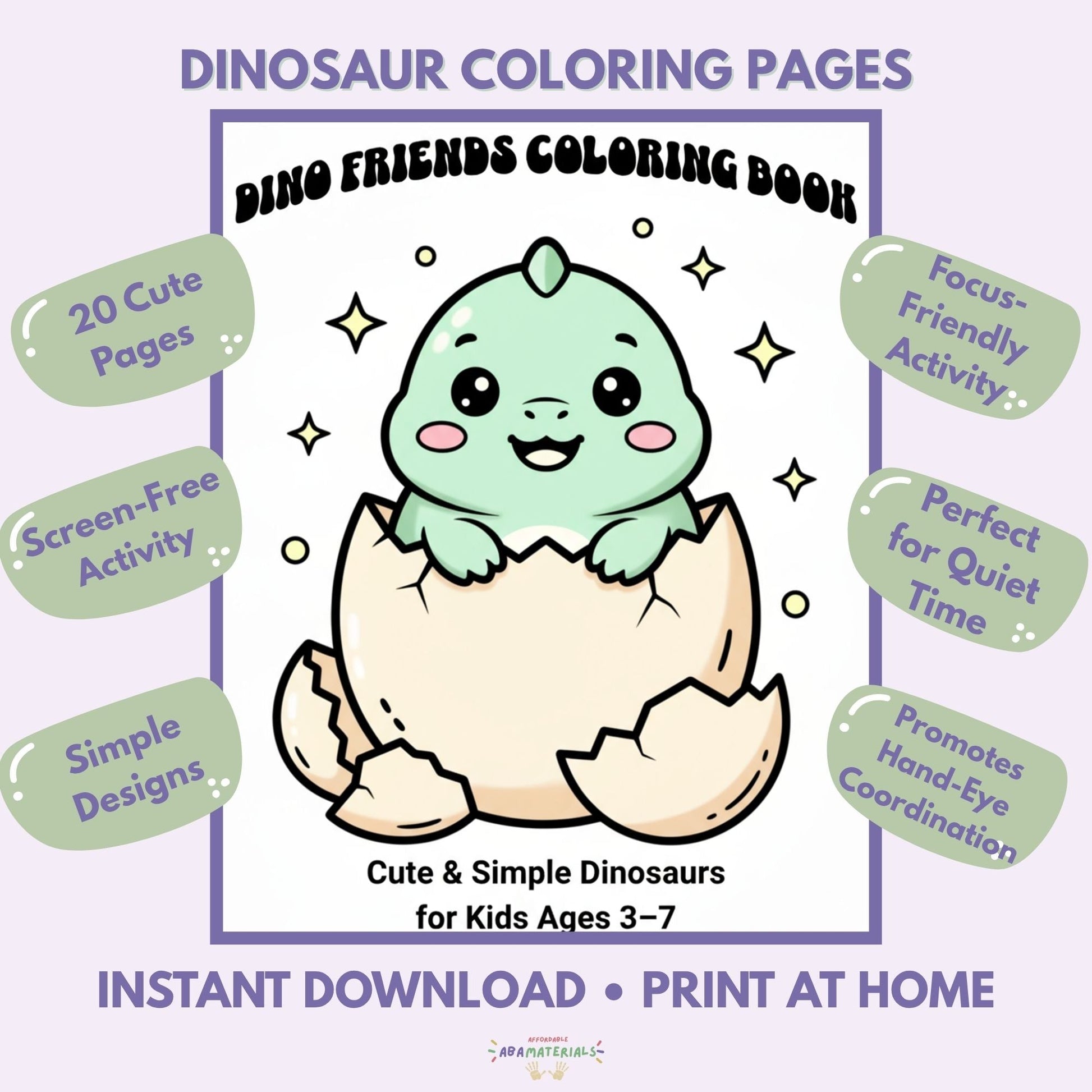 Dino Friends Printable Coloring Book – 20 Kawaii Dinosaur Pages (PDF Download) Affordable ABA Materials