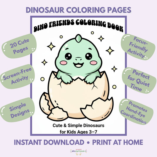 Dino Friends Printable Coloring Book – 20 Kawaii Dinosaur Pages (PDF Download) Affordable ABA Materials