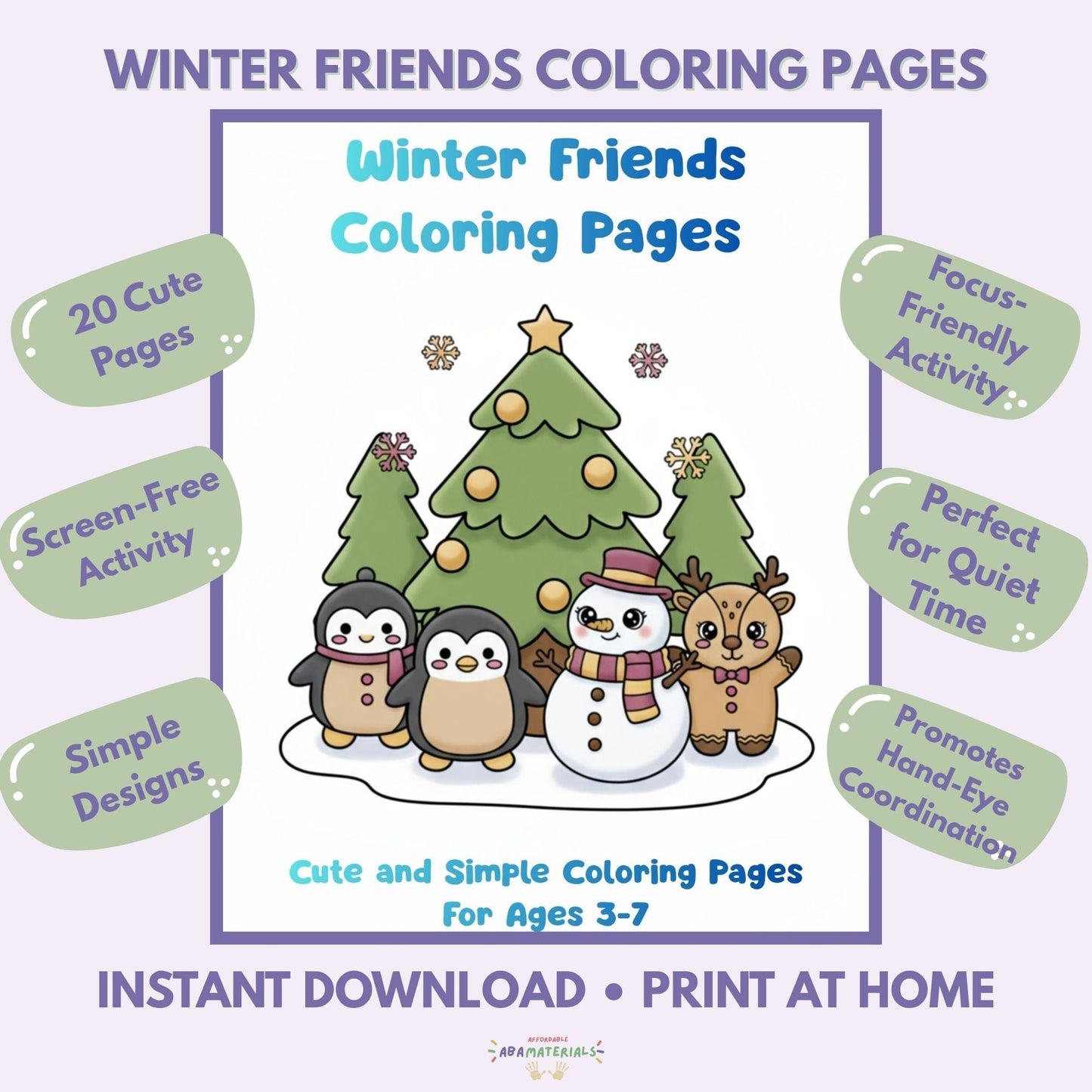 Winter Friends Kawaii Coloring Book Printable (20 Pages) Affordable ABA Materials