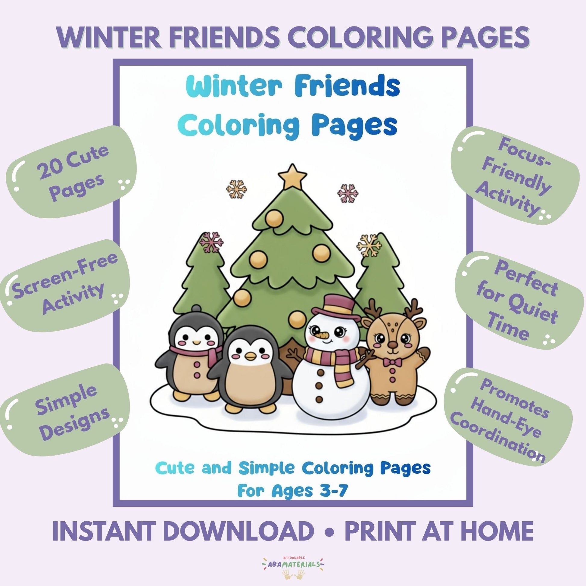 Winter Friends Kawaii Coloring Book Printable (20 Pages) Affordable ABA Materials
