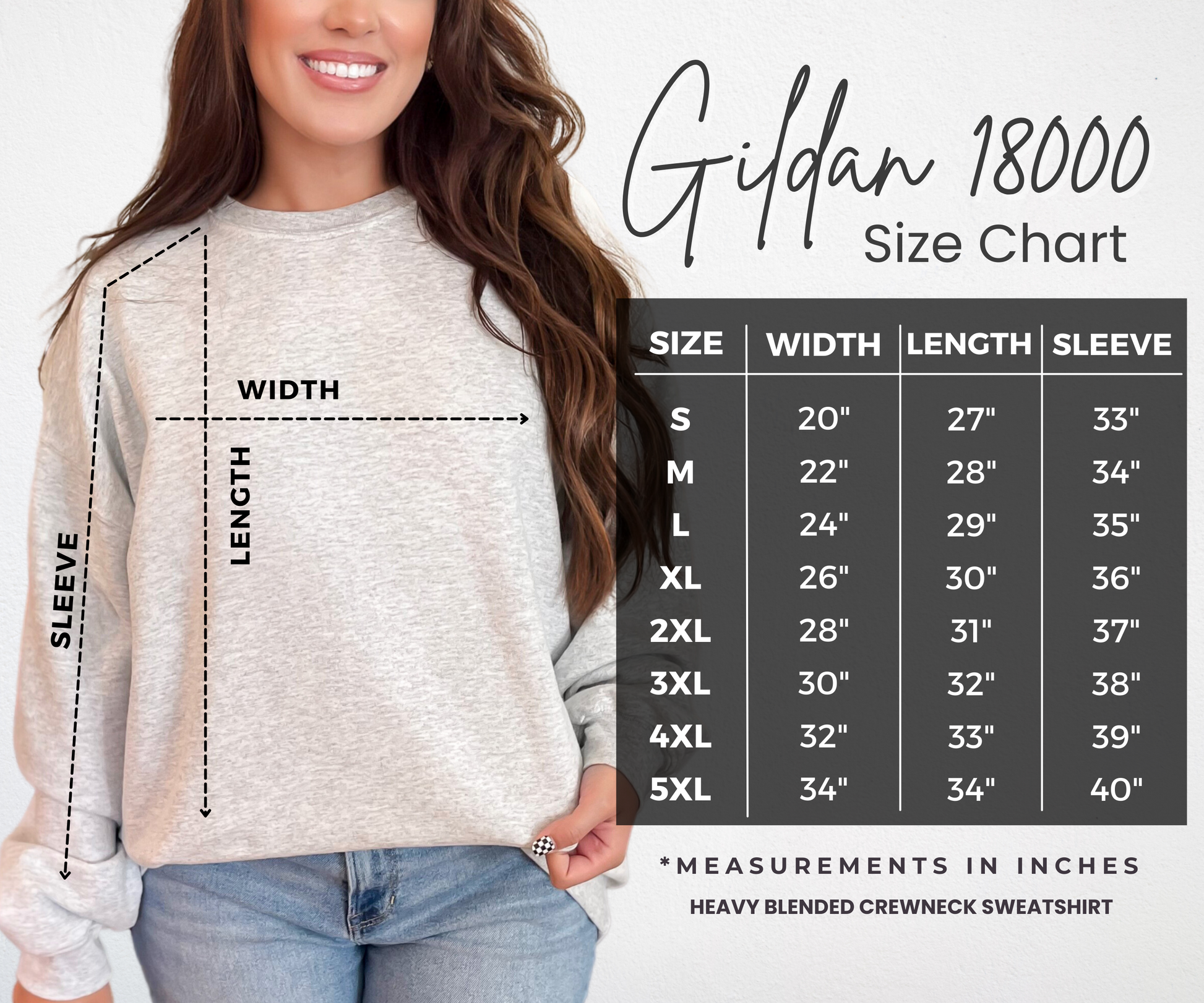 Gildan 18000 sweatshirt size chart image showing width, length, and sleeve measurements in inches for sizes S through 5XL, with a visual diagram indicating how each measurement is taken on the sweatshirt.