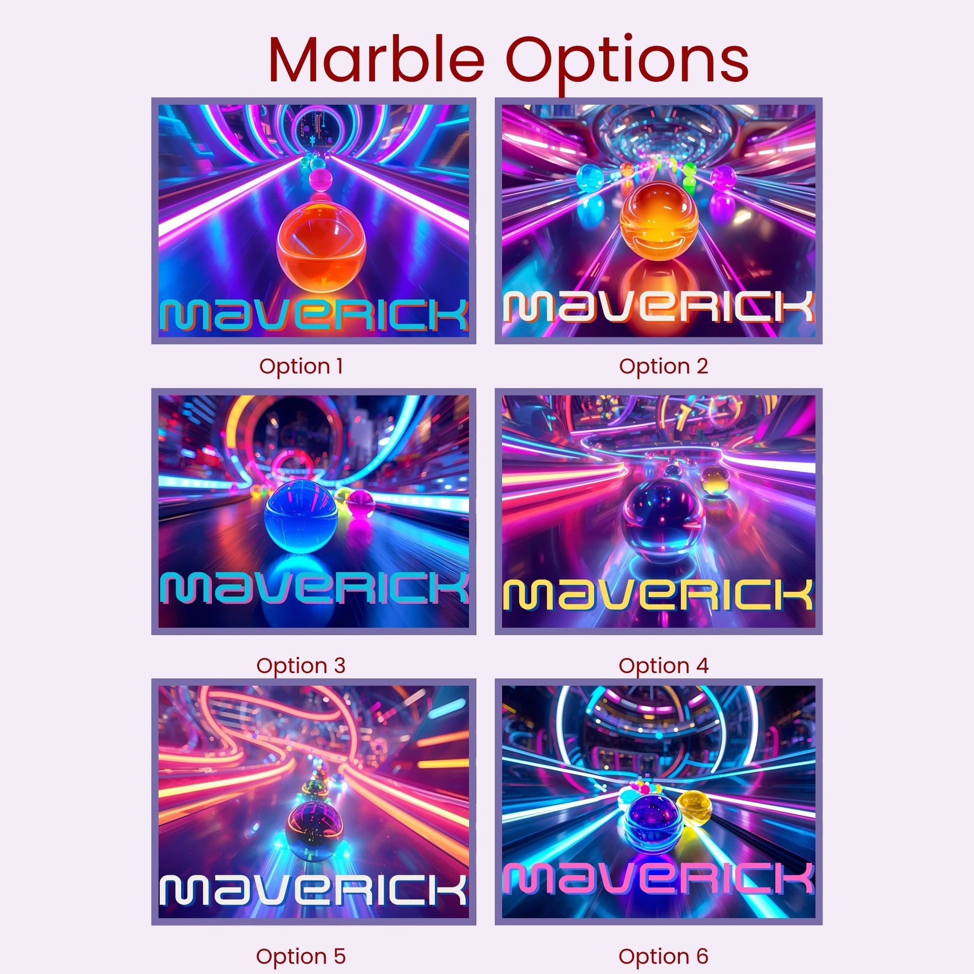 Customization preview image for a personalized marble race jigsaw puzzle showing multiple neon track design options with colorful rolling marbles, allowing the customer to choose their preferred design with a customizable name featured on the puzzle.