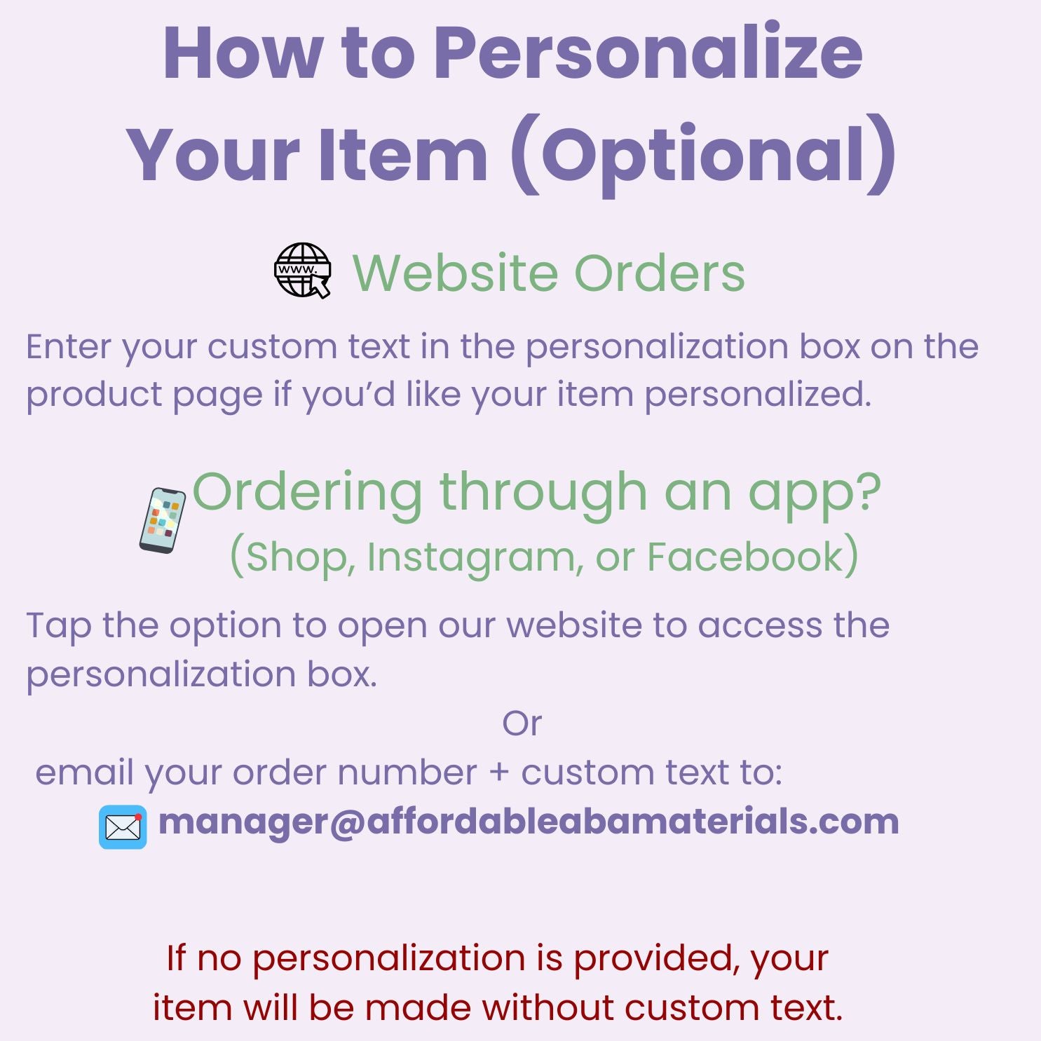 Instructional graphic explaining how to personalize an item, outlining optional customization steps for website and app orders, where to enter custom text, and noting that items will be made without custom text if no personalization is provided.