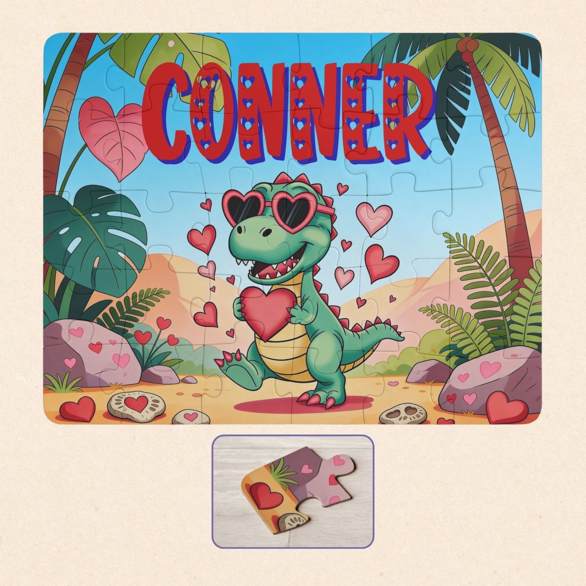 Personalized Valentine dinosaur name puzzle for kids featuring a cute green dino holding a heart, surrounded by floating hearts in a tropical scene. The child’s name is customizable and appears large across the top of the puzzle (shown as “Conner”), making this a custom 30-piece jigsaw designed for toddlers and young children.