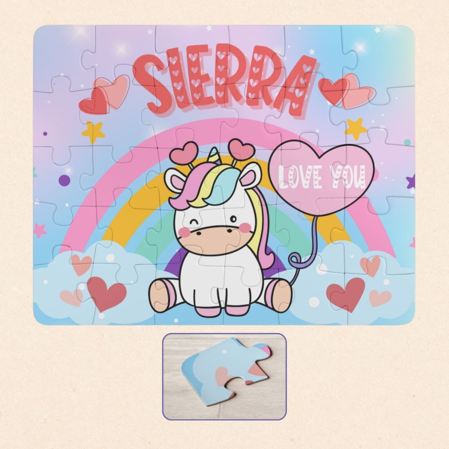 Personalized unicorn name puzzle for kids featuring a cute cartoon unicorn sitting on clouds with a rainbow, hearts, and a heart-shaped balloon that says “Love You.” The child’s name is customizable and appears large across the top of the puzzle (shown as “Sierra”), making this a custom 30-piece jigsaw designed for toddlers and young children.