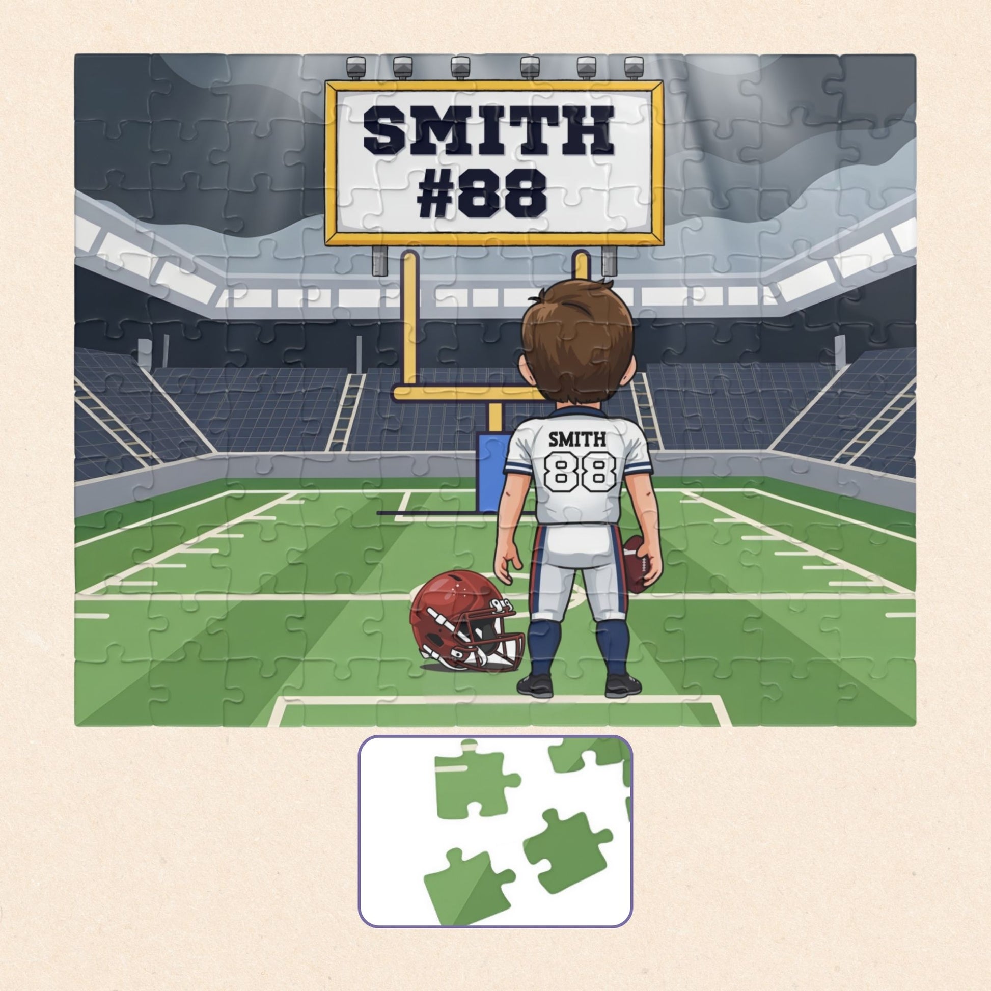 Personalized boys football stadium puzzle showing a child player from behind on a football field, with a customizable name and number  displayed both on the scoreboard and  jersey