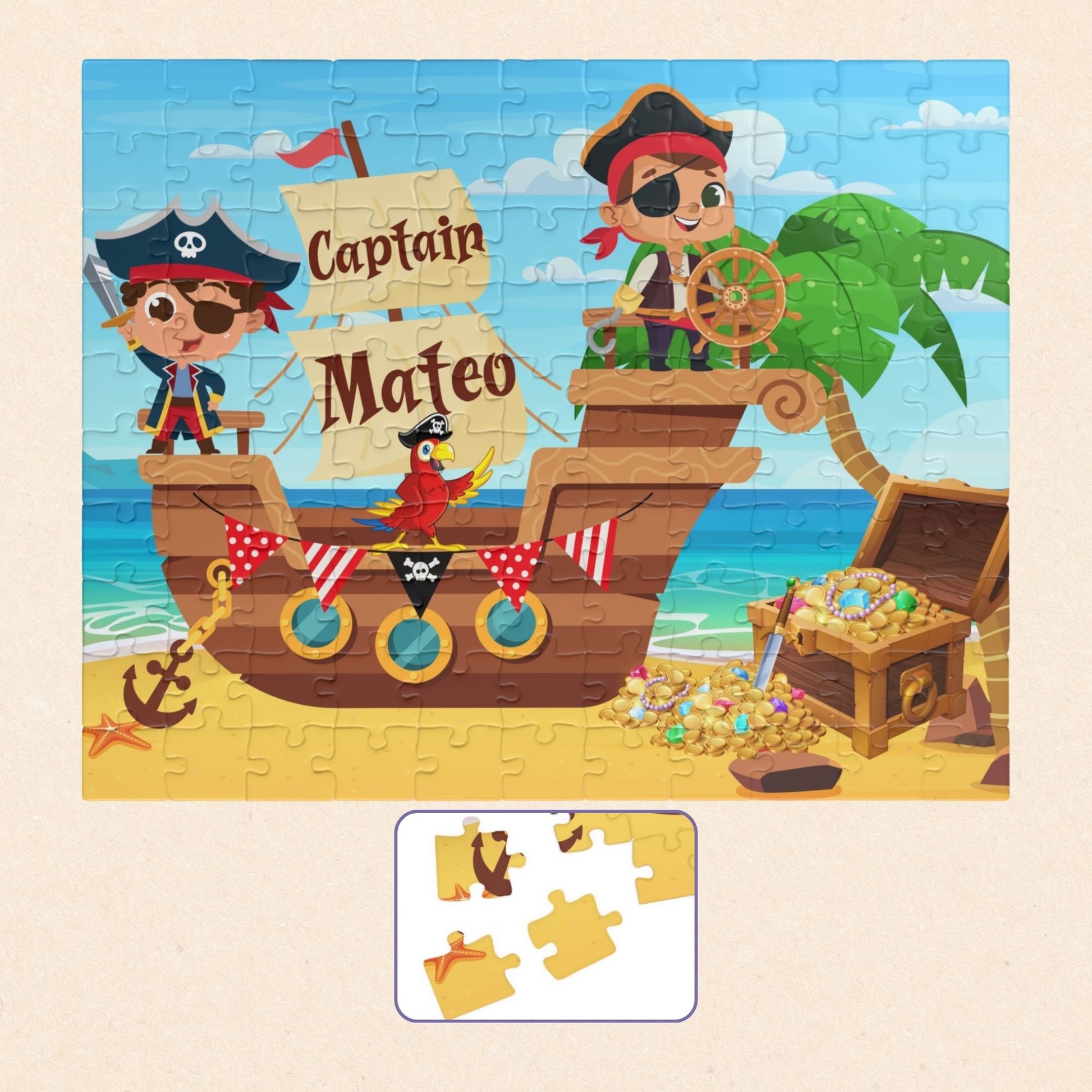 Personalized pirate ship name puzzle for kids featuring two cute cartoon pirates on a wooden ship with a parrot, ocean background, palm tree, and treasure chest filled with gold coins. The child’s name is customizable and appears on the sail of the ship (shown as “Captain Mateo”), making this a custom 110-piece jigsaw puzzle designed for children.