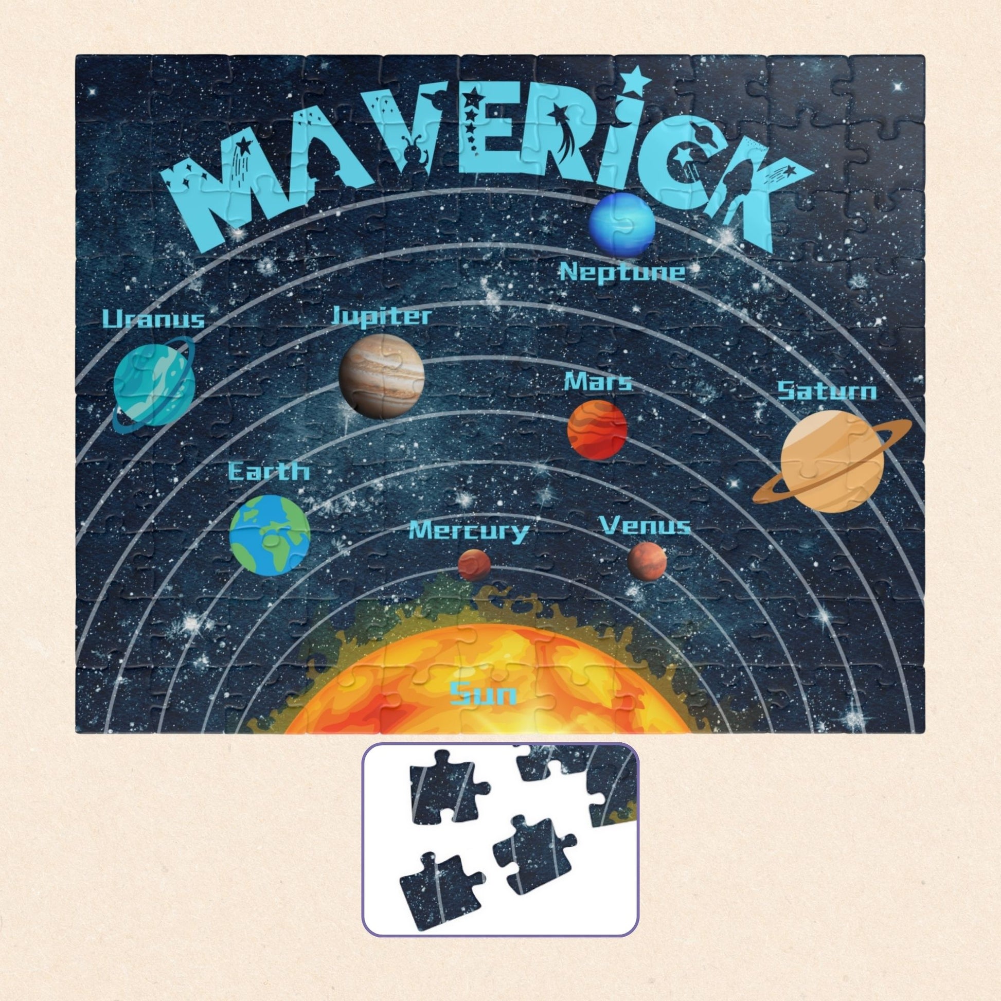Personalized 110-piece solar system puzzle for kids featuring labeled planets, stars, and a custom name at the top, designed as an educational space-themed jigsaw for older children.