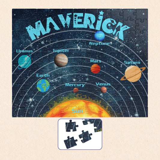Personalized 110-piece solar system puzzle for kids featuring labeled planets, stars, and a custom name at the top, designed as an educational space-themed jigsaw for older children.