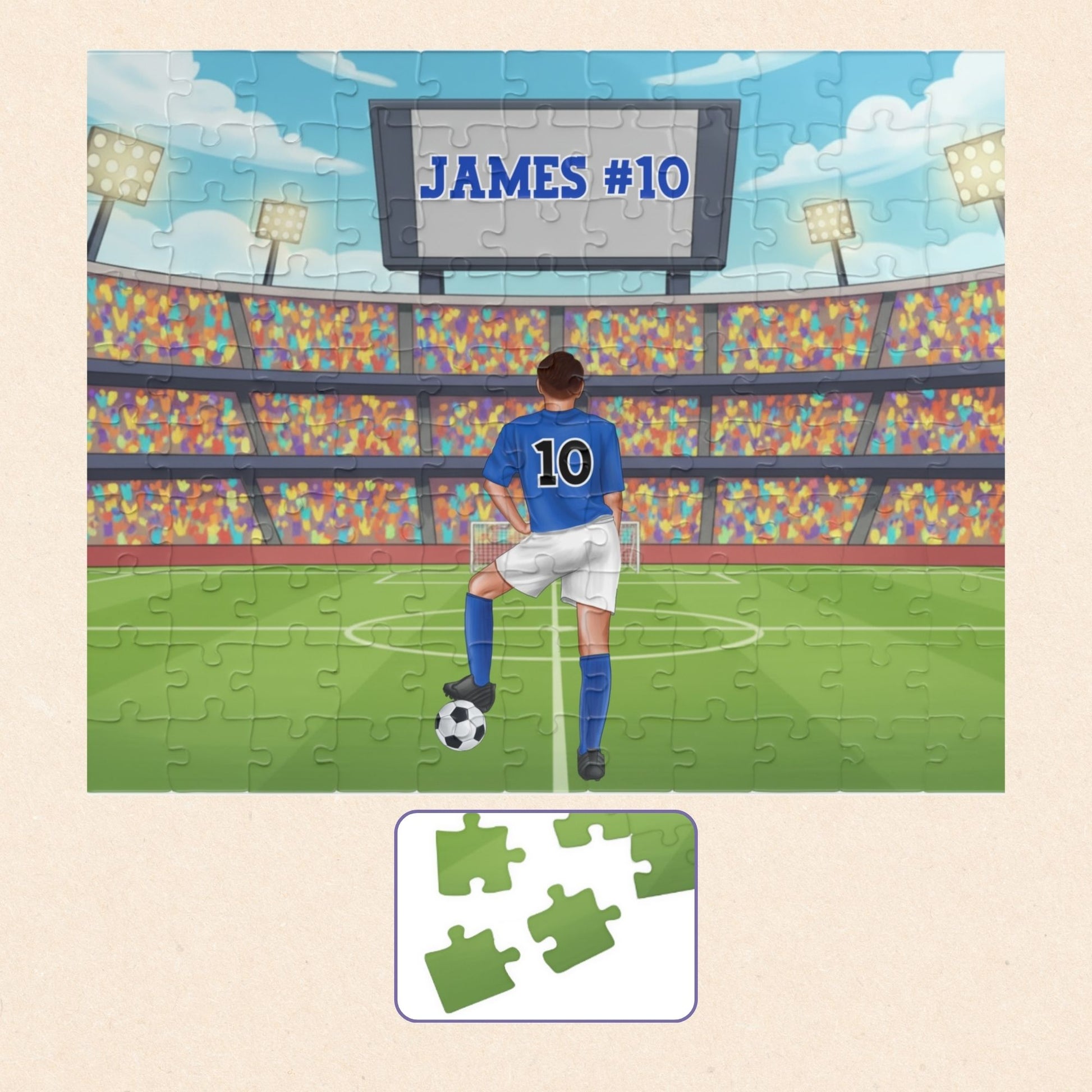Personalized boys soccer jigsaw puzzle featuring a stadium scene with a customizable name and number displayed on the scoreboard and a customizable jersey number on the player’s back.