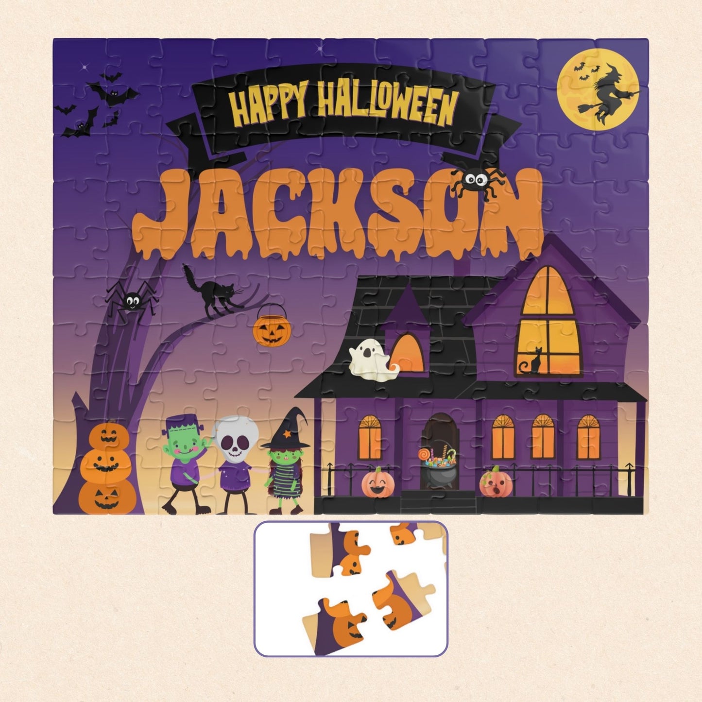 Personalized 110-piece Halloween jigsaw puzzle for kids featuring a spooky haunted house scene with trick-or-treaters, bats, pumpkins, and moon. Puzzle includes a customizable name printed prominently across the top of the design.